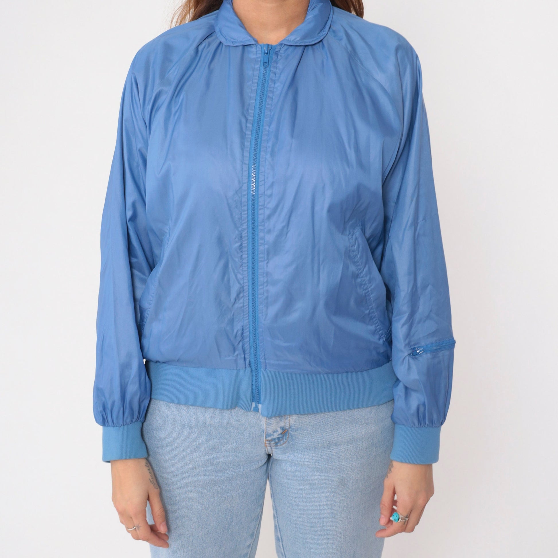 80s Blue Nylon Windbreaker Jacket Raglan Sleeve Zip-Up Medium