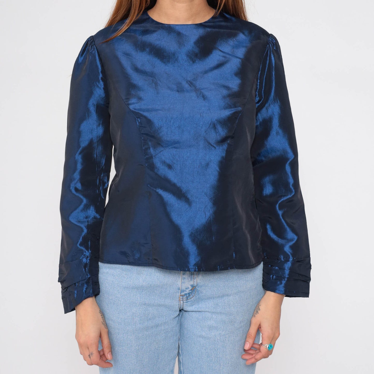 80s Metallic Blue Taffeta Blouse Puff Sleeve Fitted Party Top Medium