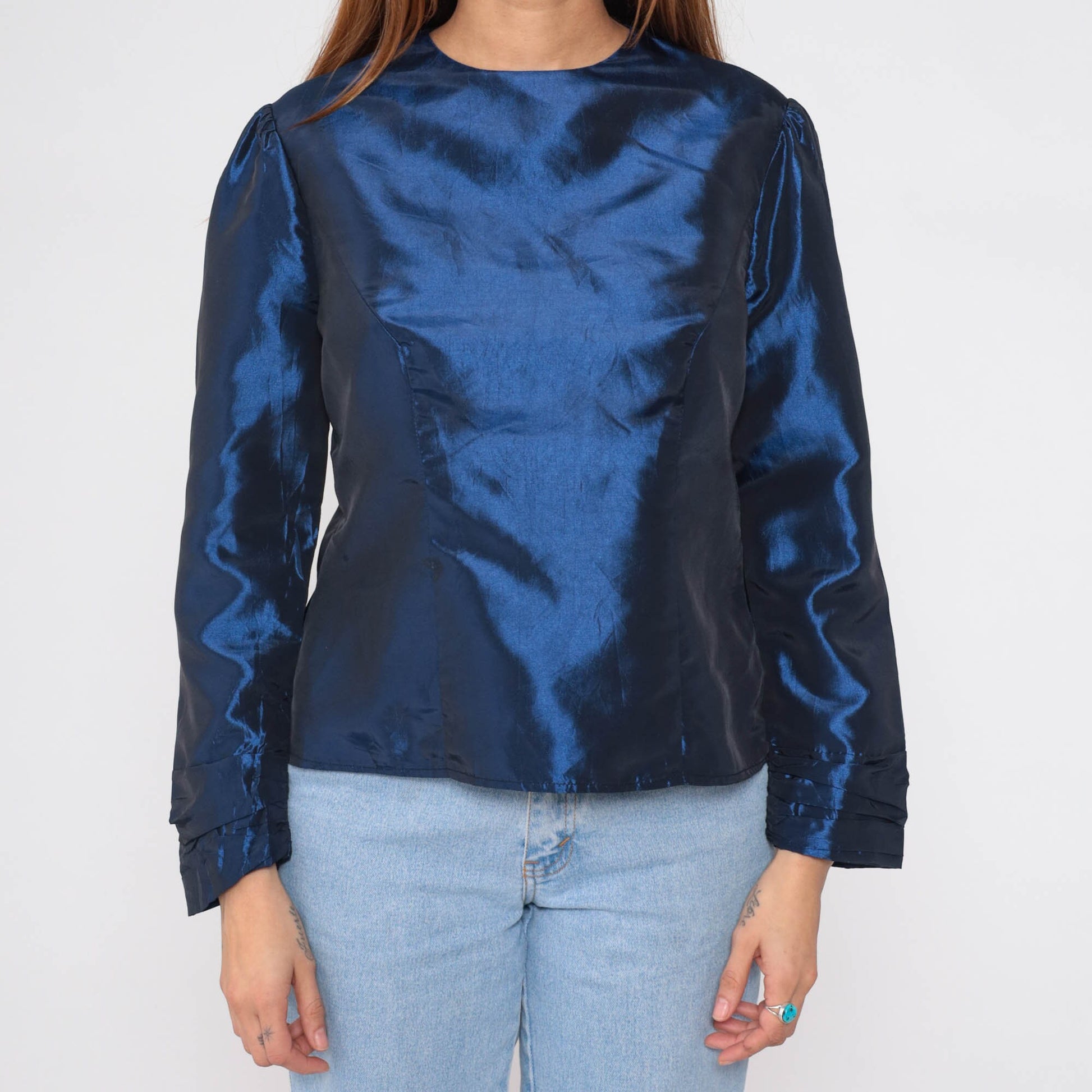 80s Metallic Blue Taffeta Blouse Puff Sleeve Fitted Party Top Medium