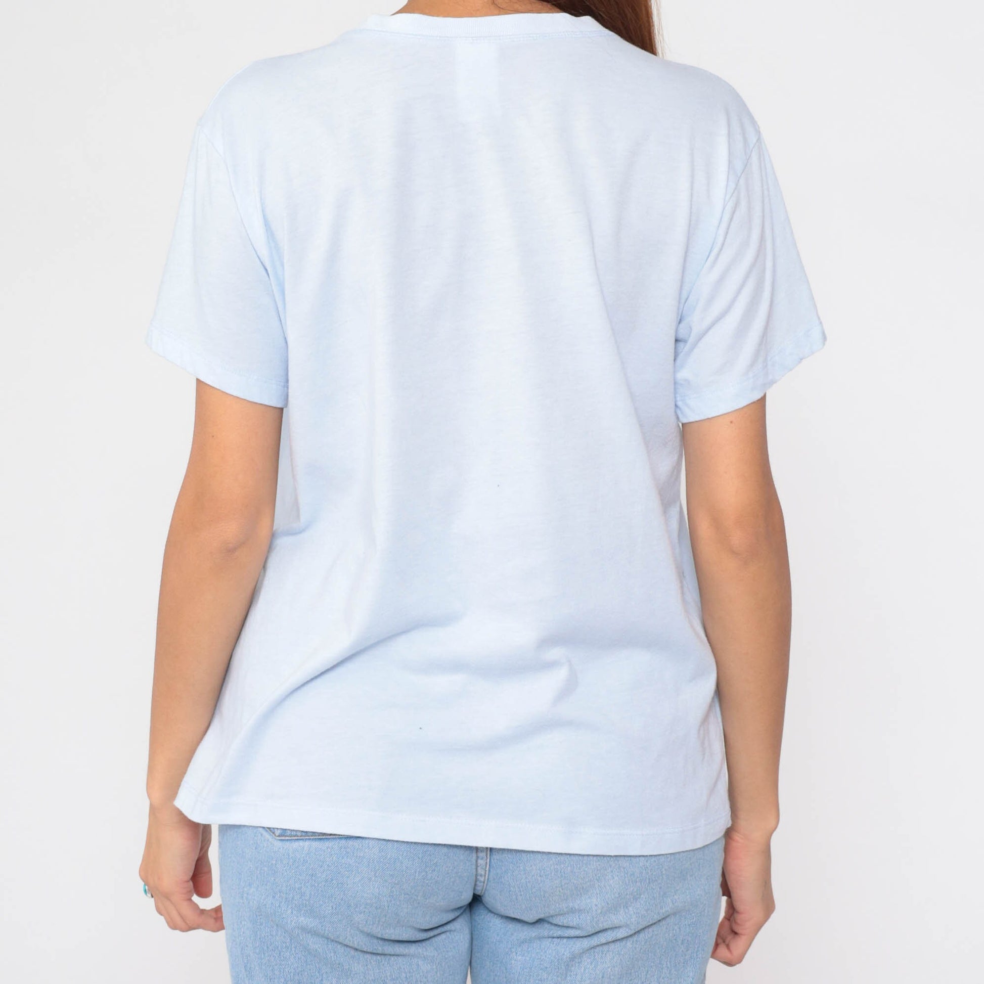 90s Snoopy Peanuts Graphic T-Shirt Baby Blue V-Neck Large L
