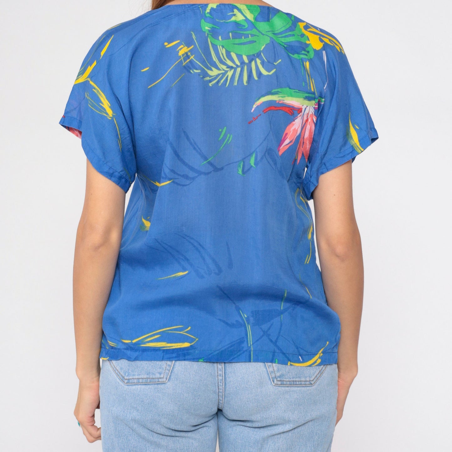 90s Tropical Floral Leaf Print Blouse Blue V-Neck Short Sleeve Medium M