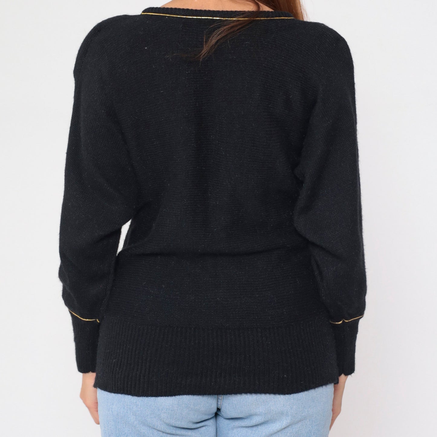 90s Andrea Gayle Black Knit Sweater Sequin Bow Metallic Gold Trim Large L