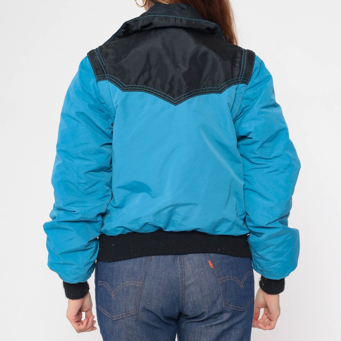80s White Mountain Puffer Ski Jacket Blue Black Convertible Zip Sleeve Large