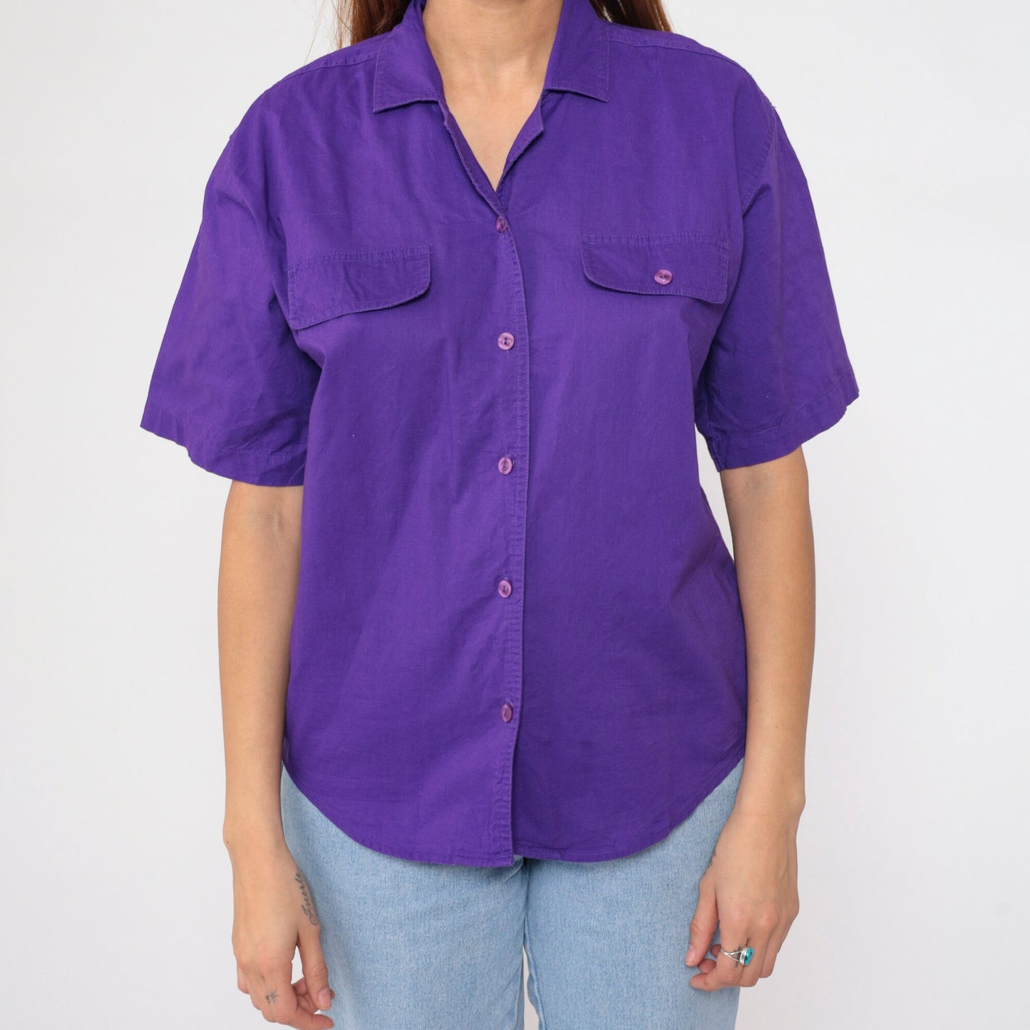 90s Karen Scott Purple Cotton Button-Up Blouse Short Sleeve Chest Pocket Medium