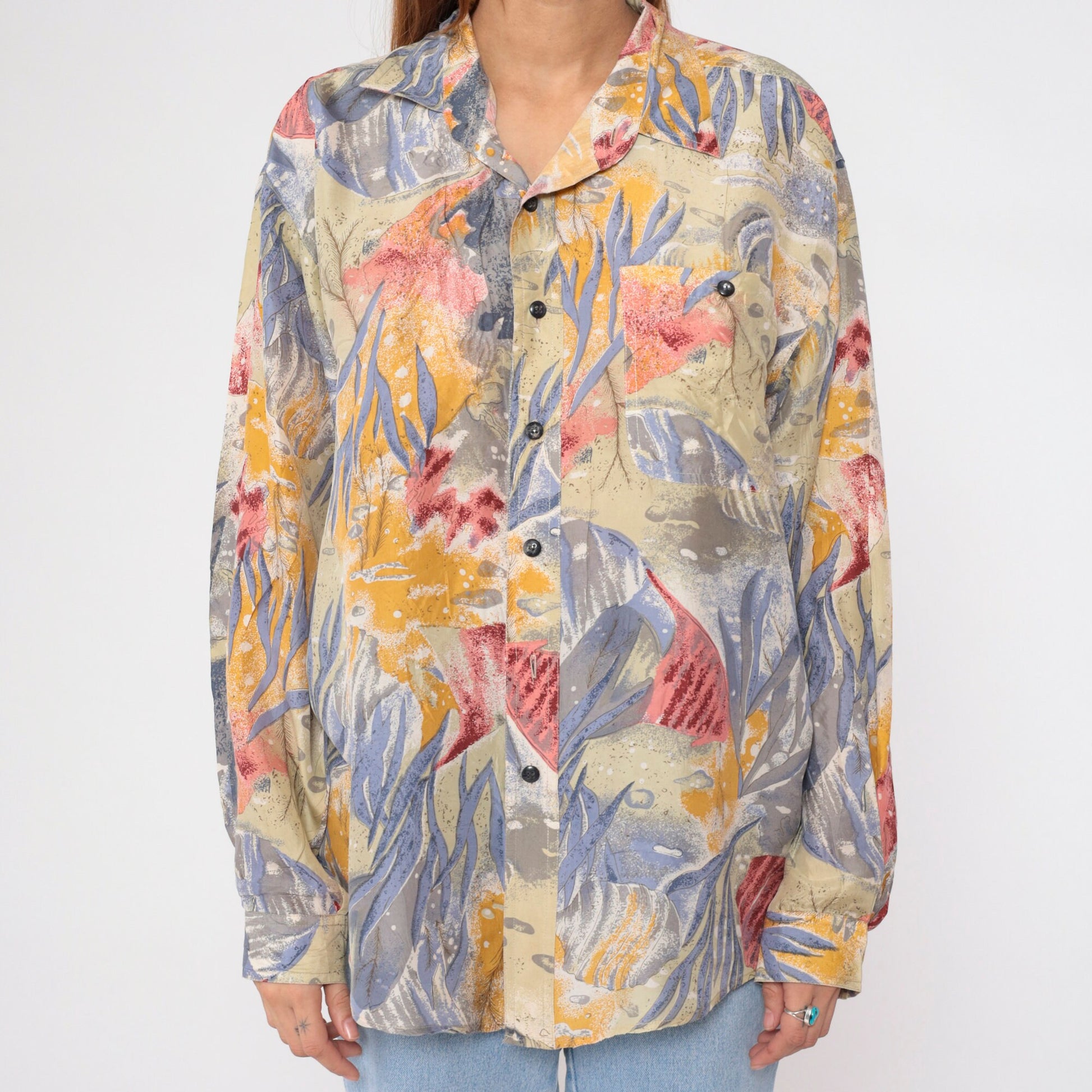 90s Fish Print Silk Button-Up Shirt Ocean Long Sleeve Medium M