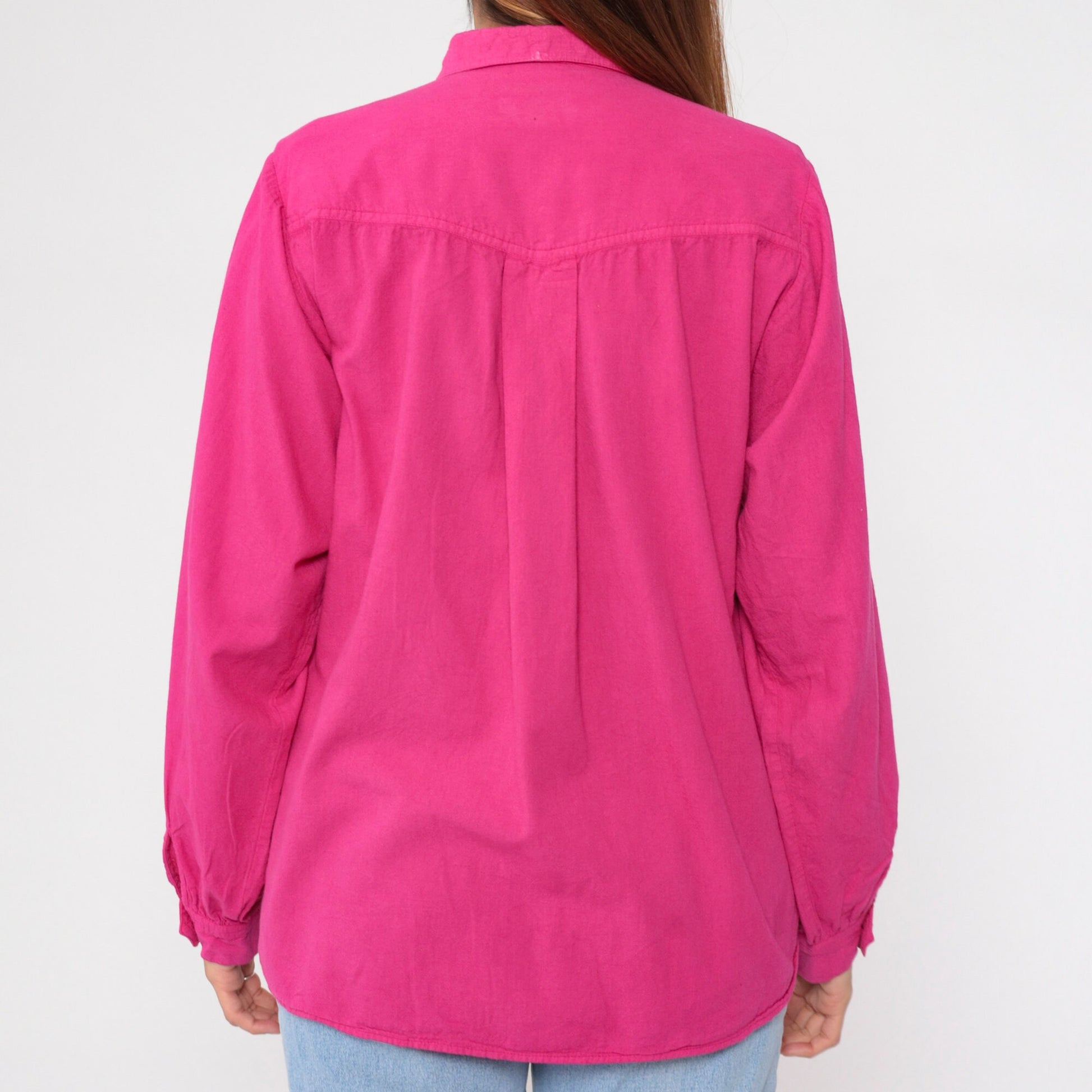 90s Fuchsia Cotton Button-Up Shirt Long Sleeve Collared Small