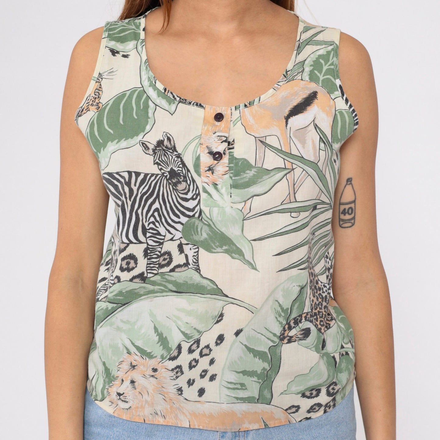 90s Safari Animal Print Henley Tank Top Lion Leopard Zebra Medium