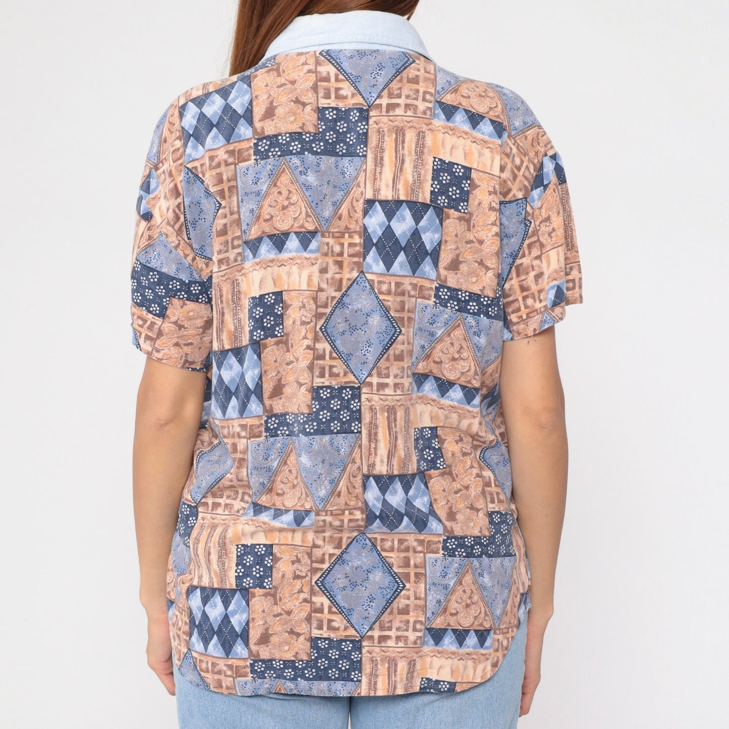 90s Geometric Floral Button-Up Blouse Short Sleeve Patchwork Print Blue Tan Large L
