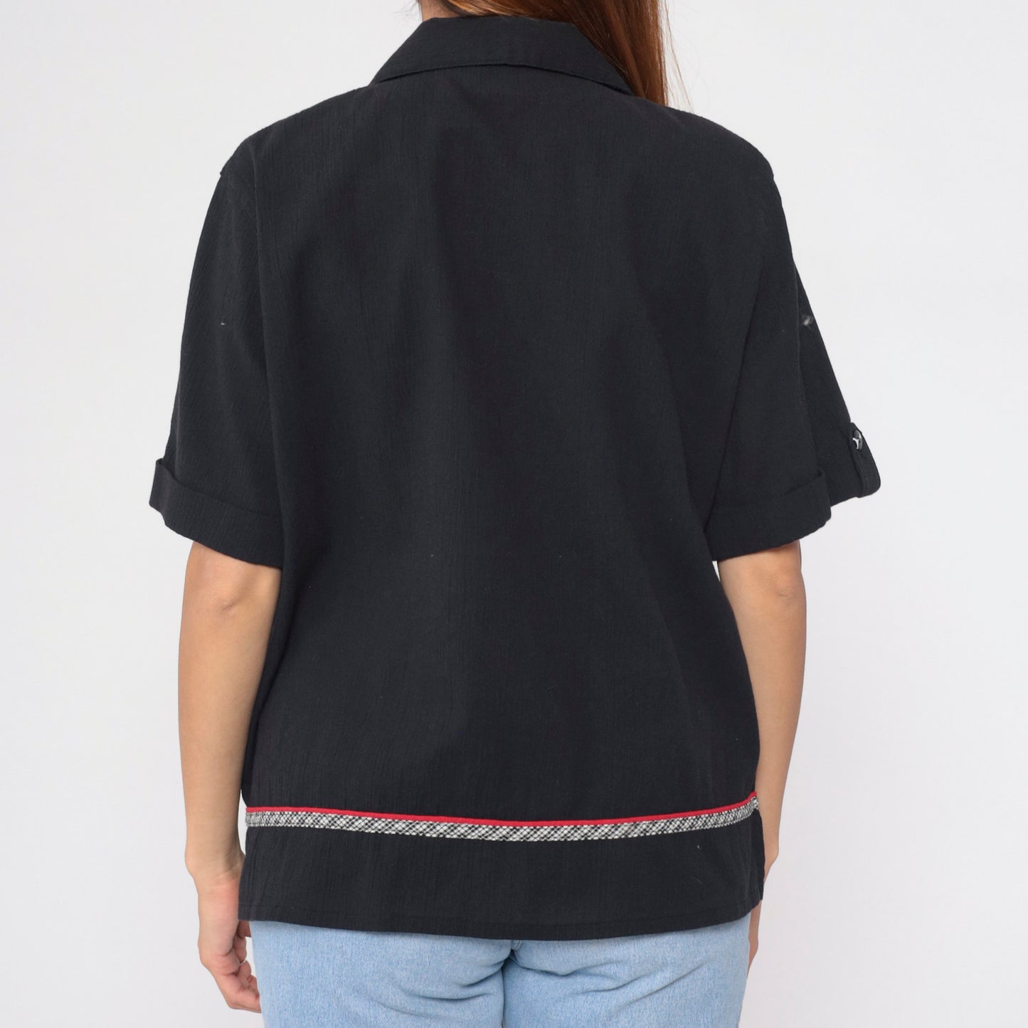 90s Koret Black Button-Up Blouse Abstract Embroidery Beaded Patch Large L