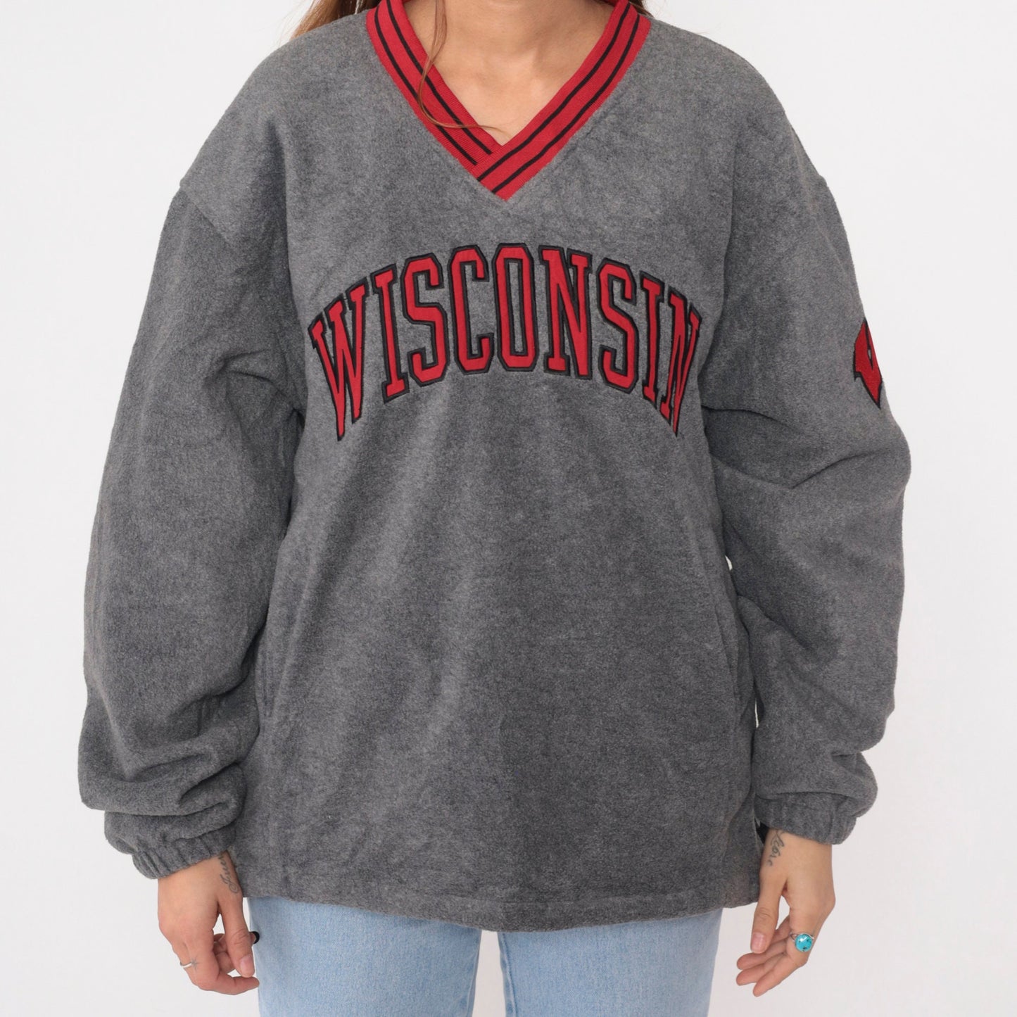90s Wisconsin Badgers Grey Fleece Windbreaker Pullover V-Neck Medium