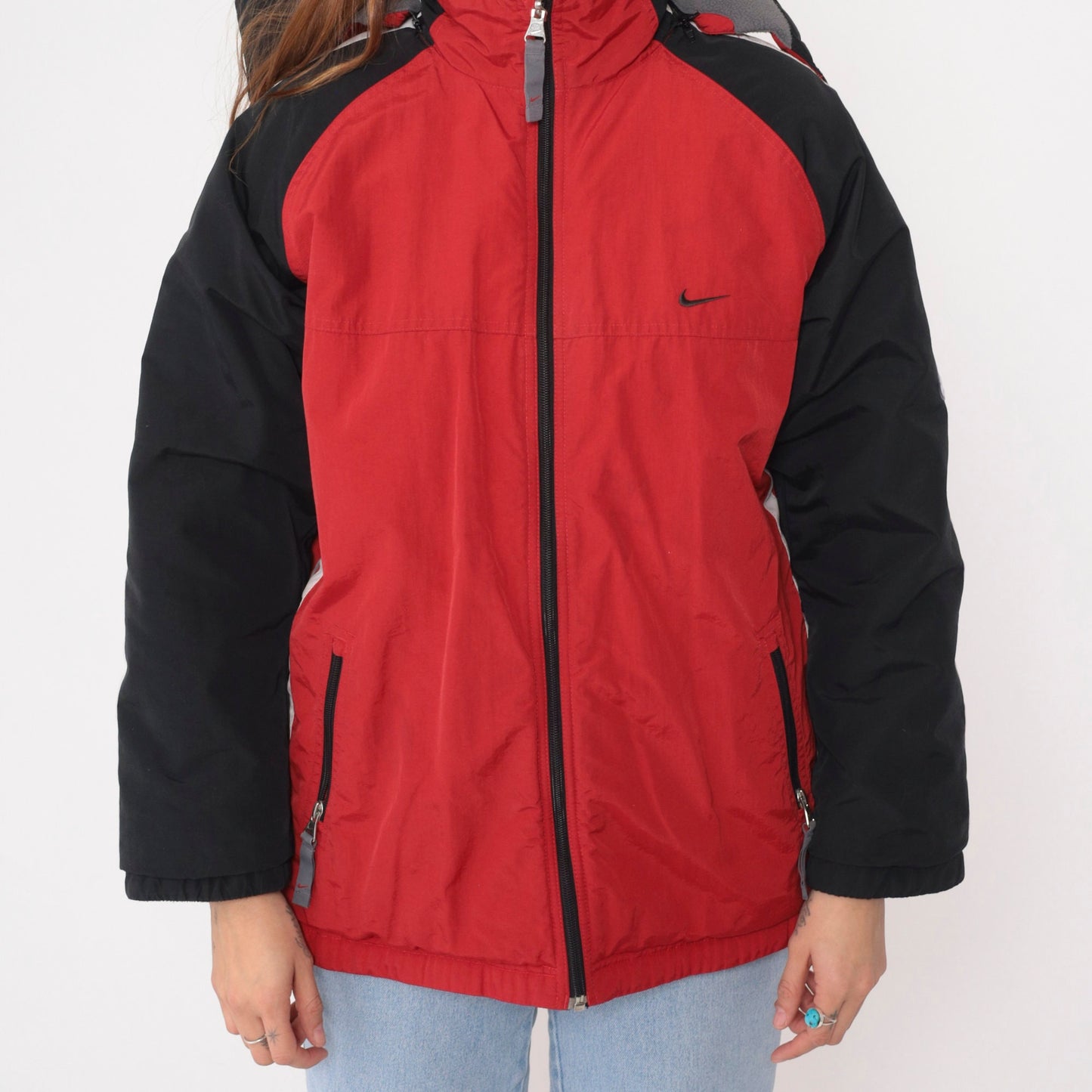 00s Nike Reversible Hooded Windbreaker Jacket Red Grey Nylon Fleece Extra Large