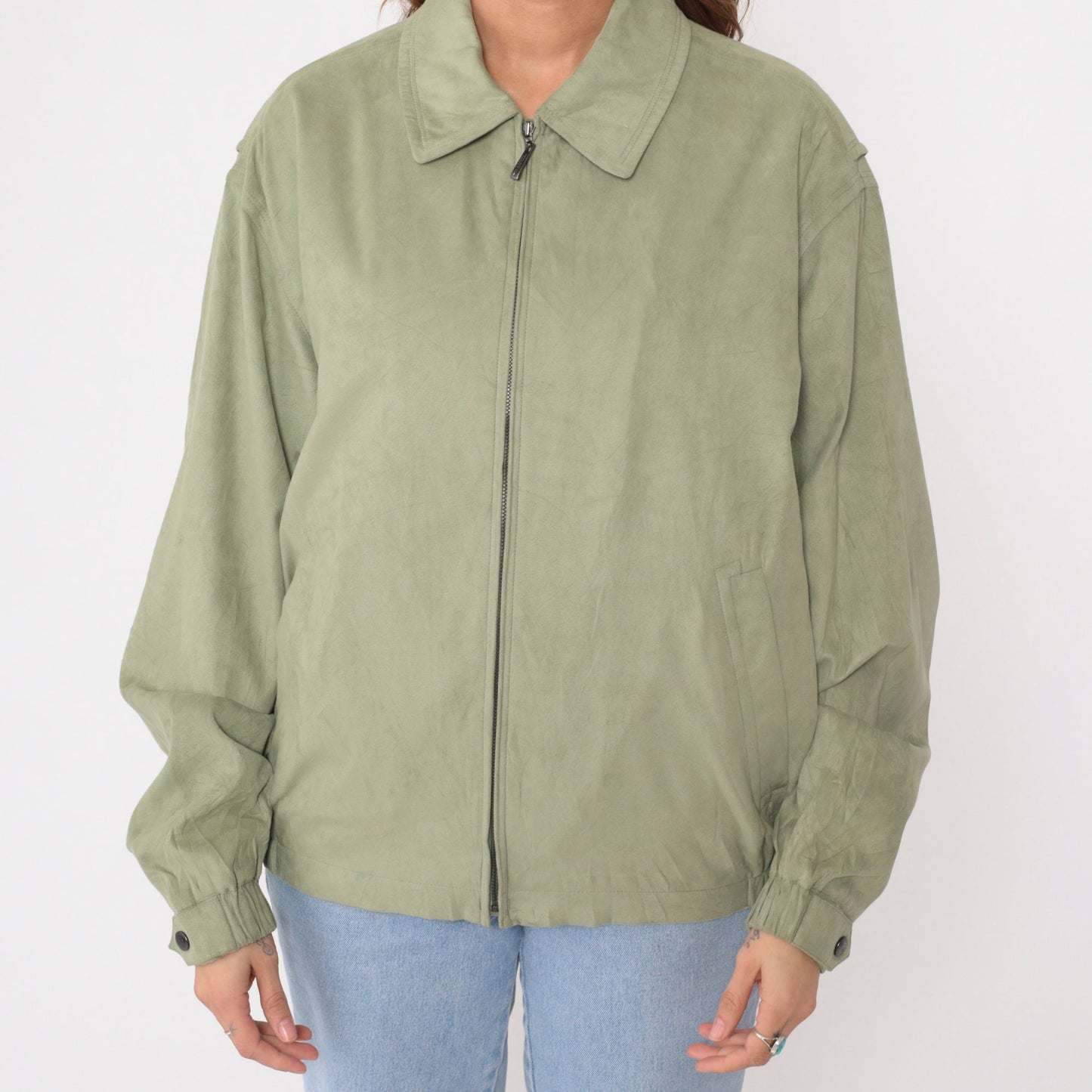 90s Newport Harbor Faux Suede Zip Jacket Light Green Collared Windbreaker Extra Large XXL