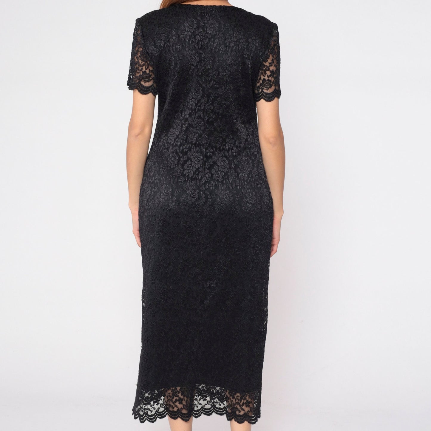 90s Helen Blake Black Lace Floral Midi Dress Scoop Neck Short Sleeve Medium