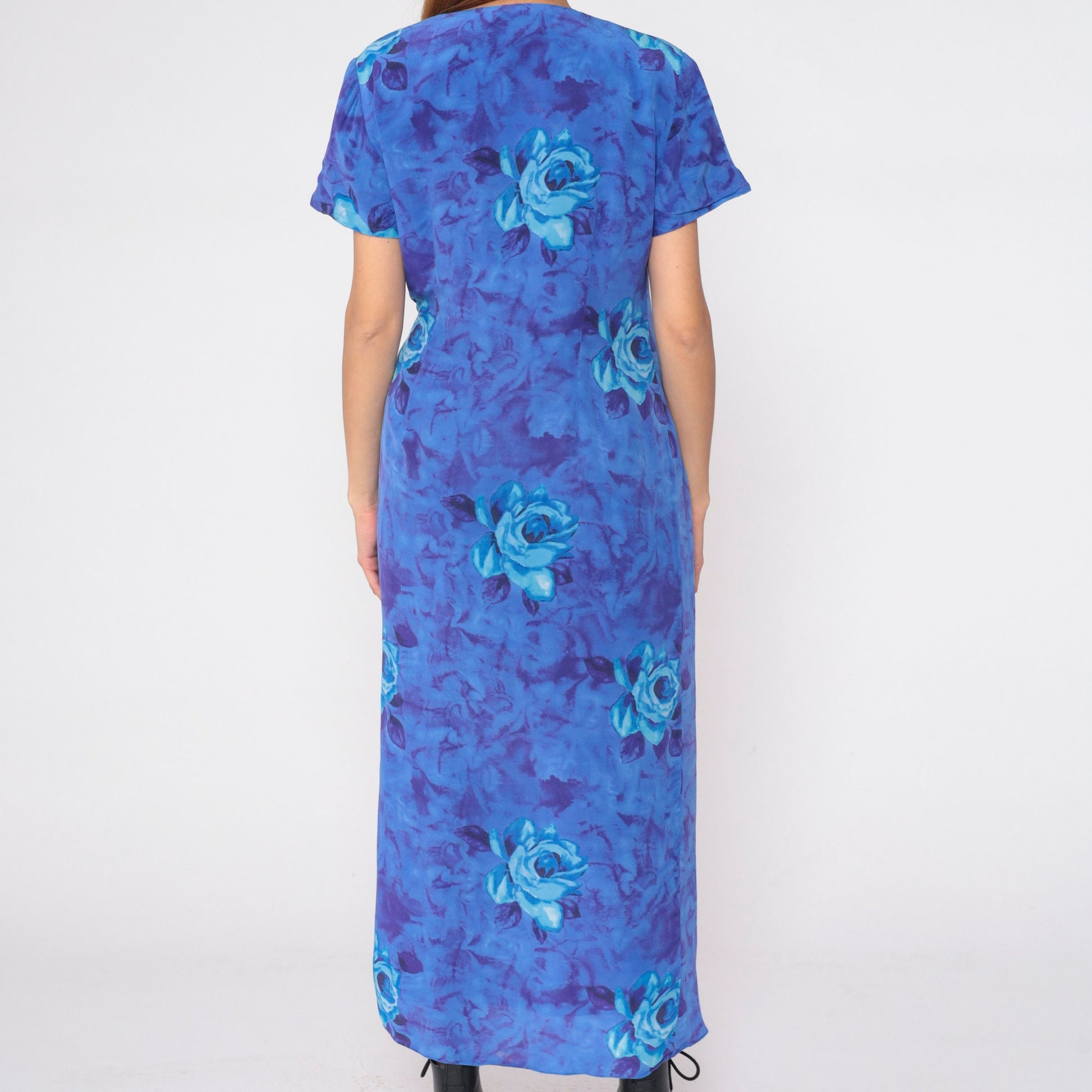 90s Y2K Blue Floral Silk Wrap Dress Waterfall Hem Rose Print Medium