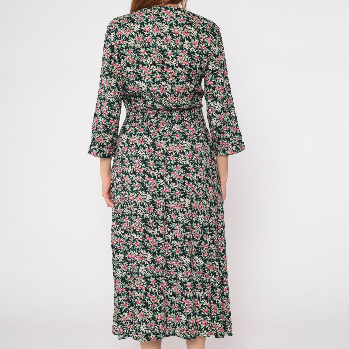 90s Maggie Lawrence Black Floral Midi Dress Basque Waist Lace V-Neck Small S