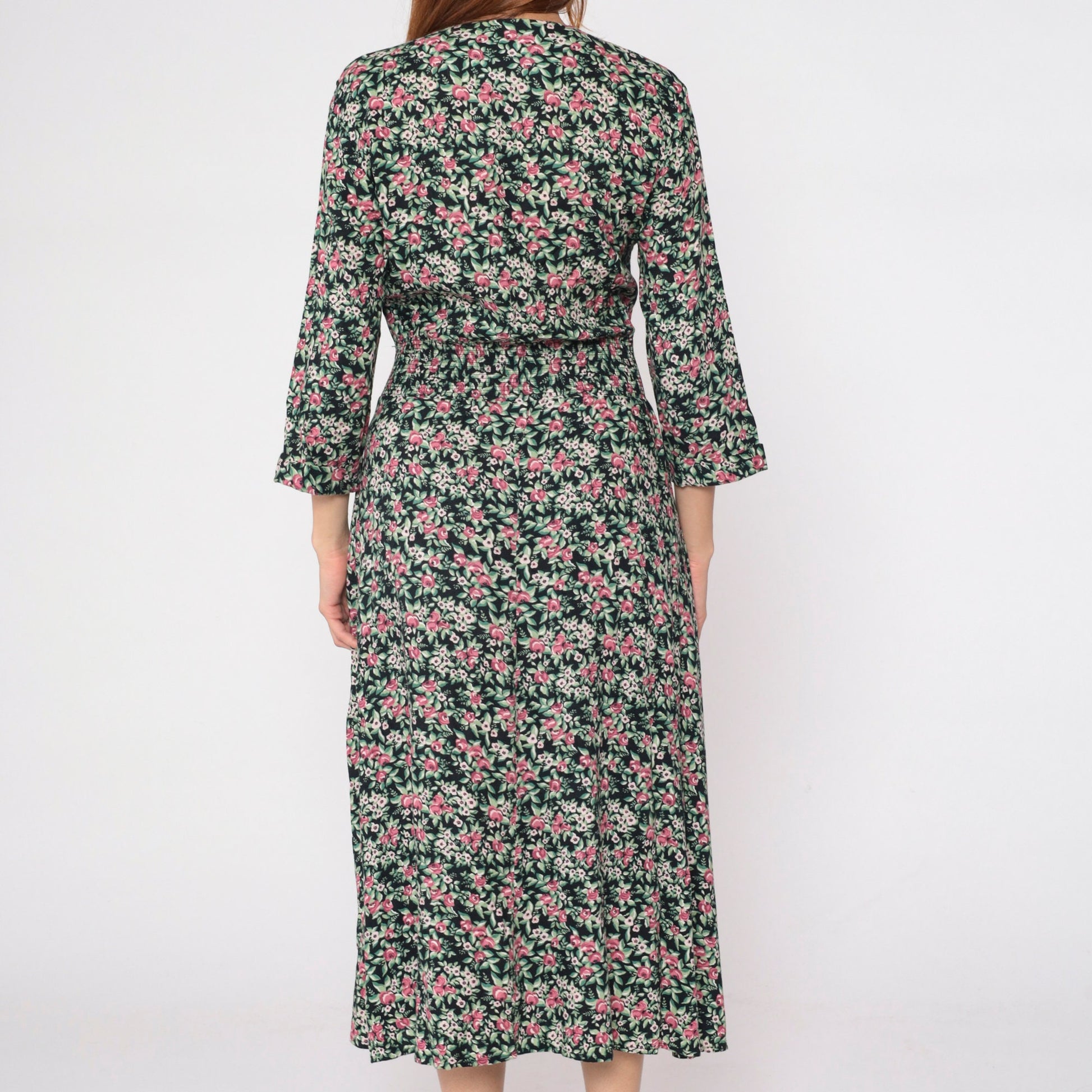 90s Maggie Lawrence Black Floral Midi Dress Basque Waist Lace V-Neck Small S