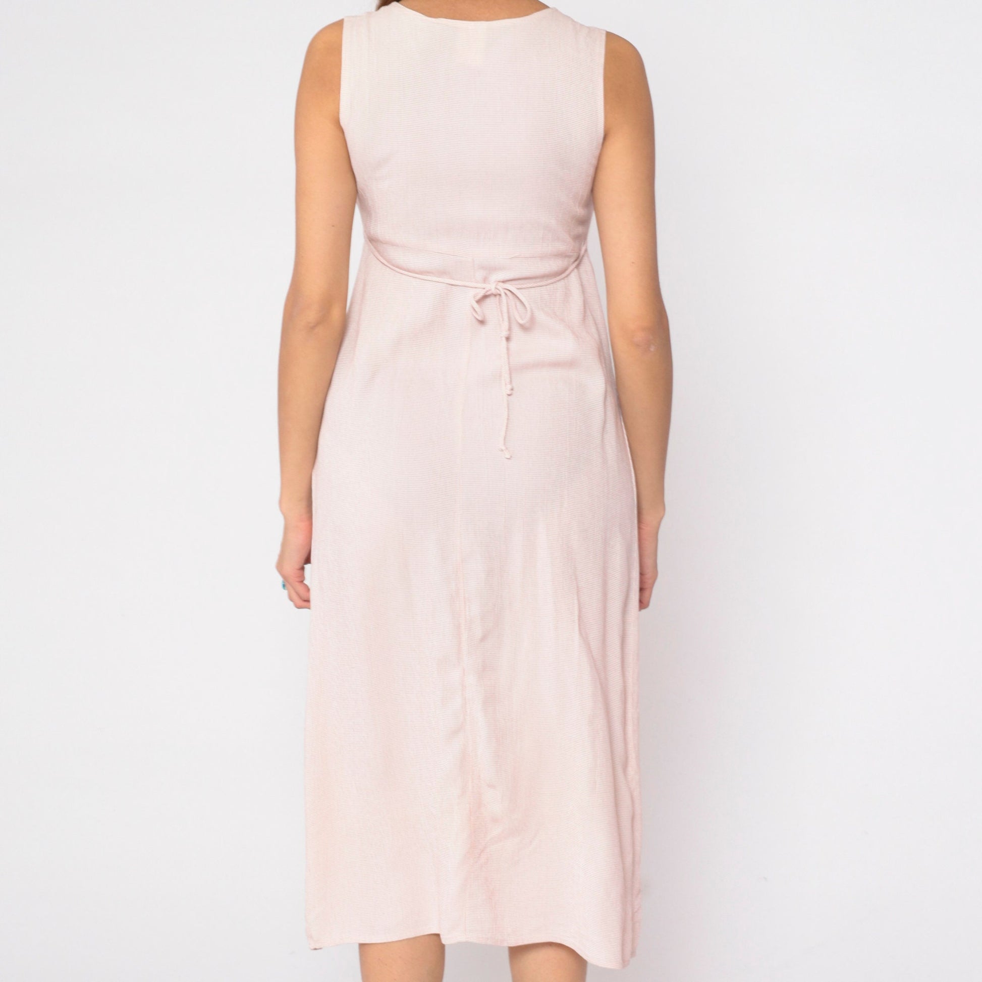 90s Cream Pink Checkered Midi Dress Empire Waist Sleeveless Small S