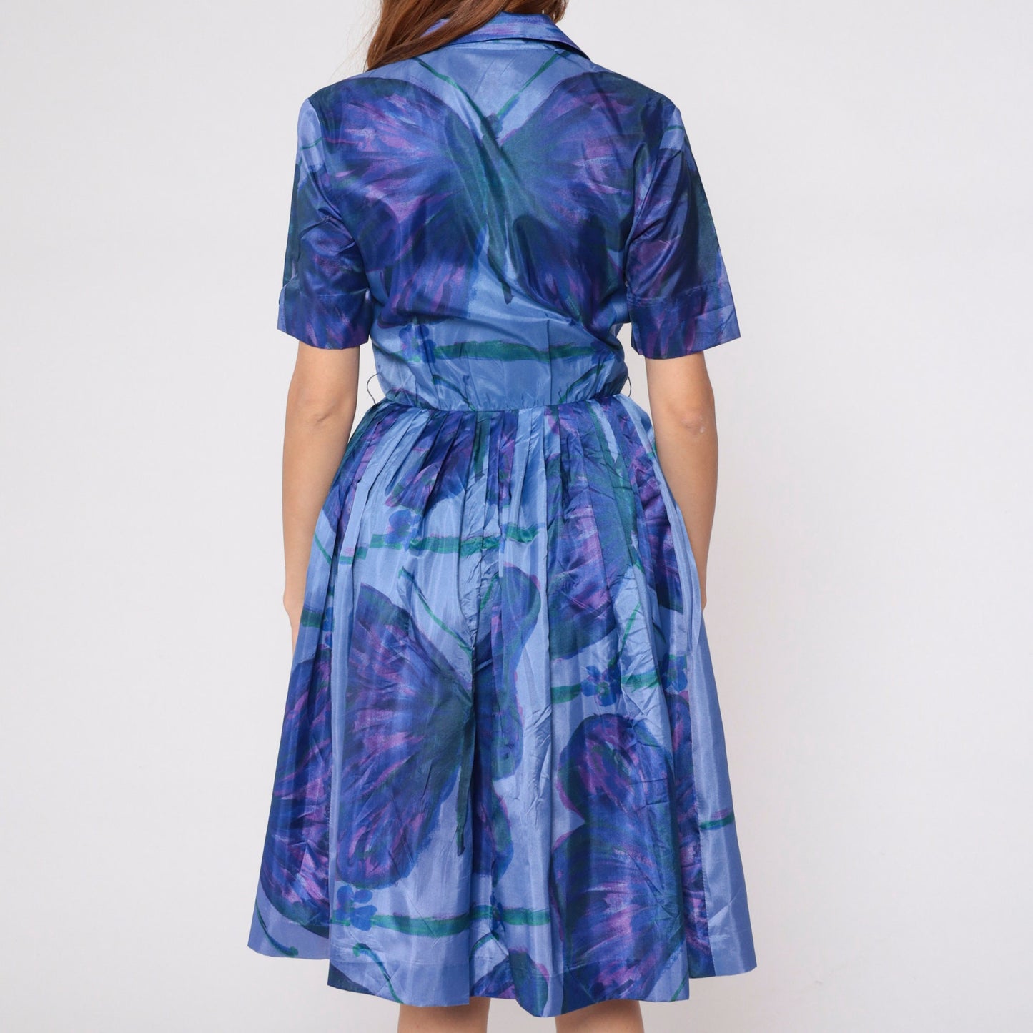 60s Butterfly Print Shirtwaist Dress Purple Blue Knee-Length Small