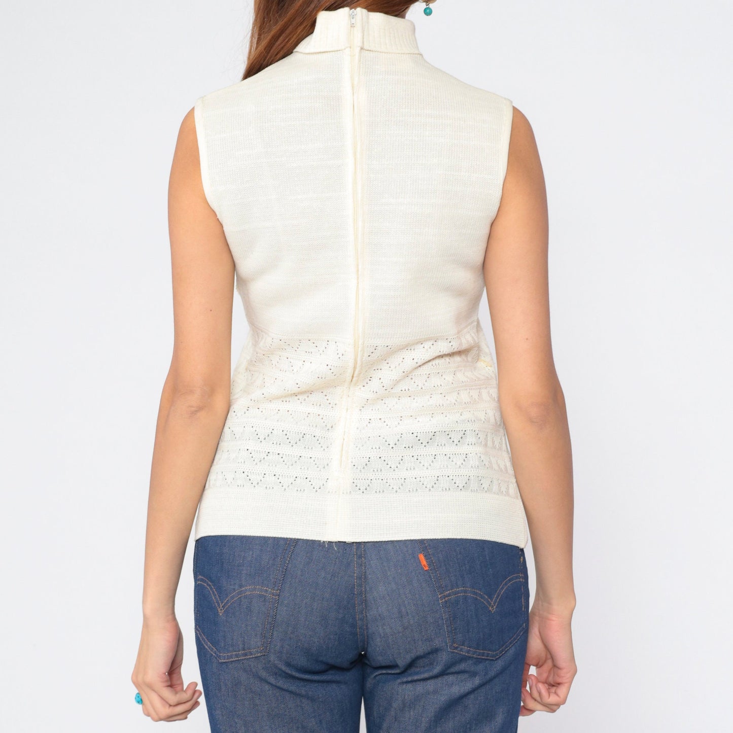 70s Cream Pointelle Knit Tank Top Mock Neck Cutout Sleeveless Small S