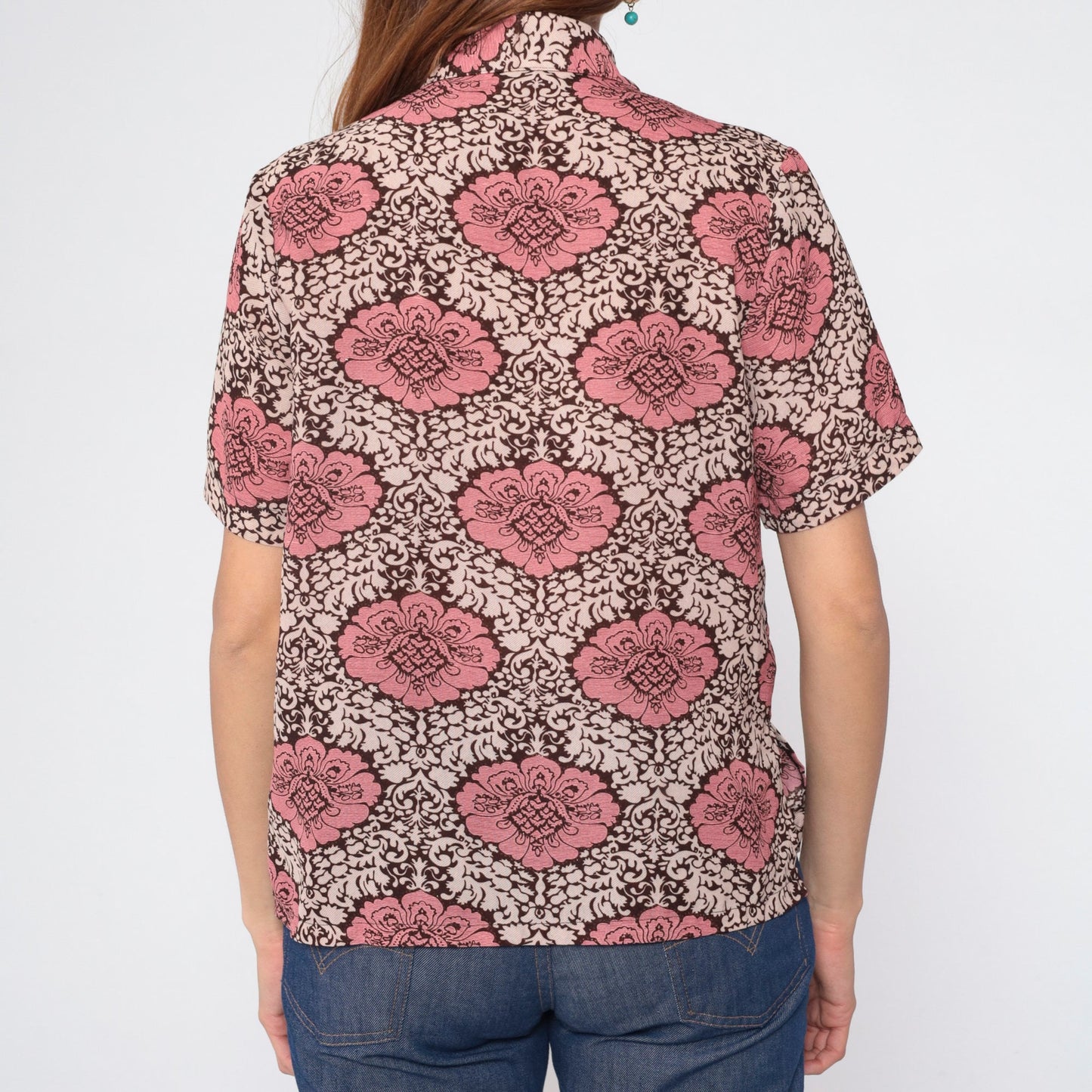 90s Floral Button-Up Blouse Brown Pink Cream Flower Print Short Sleeve Medium