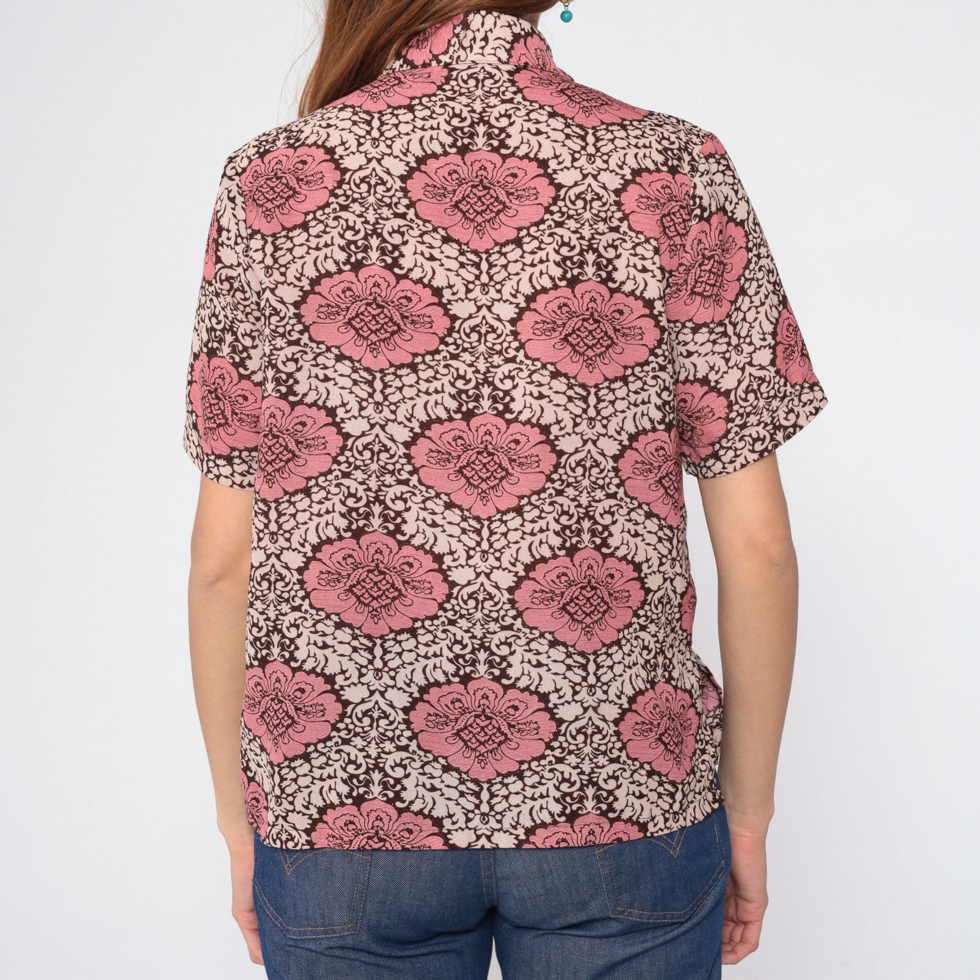 90s Floral Button-Up Blouse Brown Pink Cream Flower Print Short Sleeve Medium