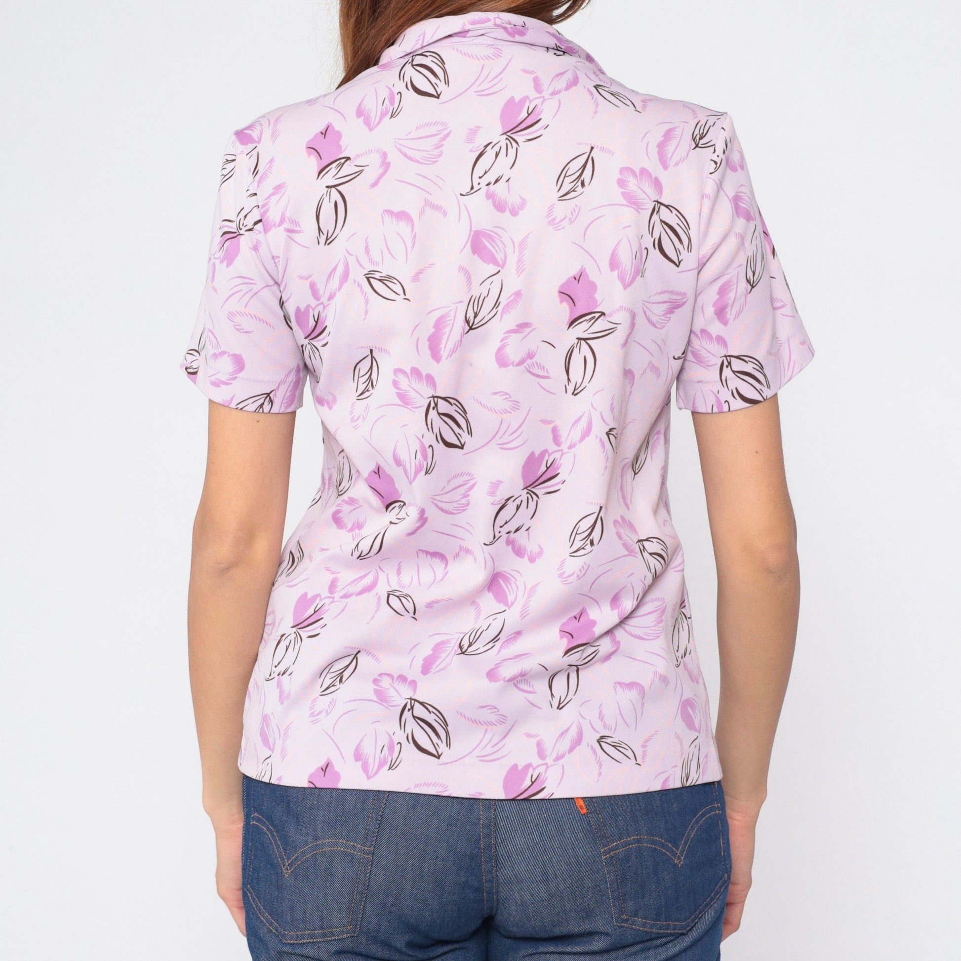 70s Light Purple Floral Button-Up Shirt Lavender Leaf Print Short Sleeve Medium