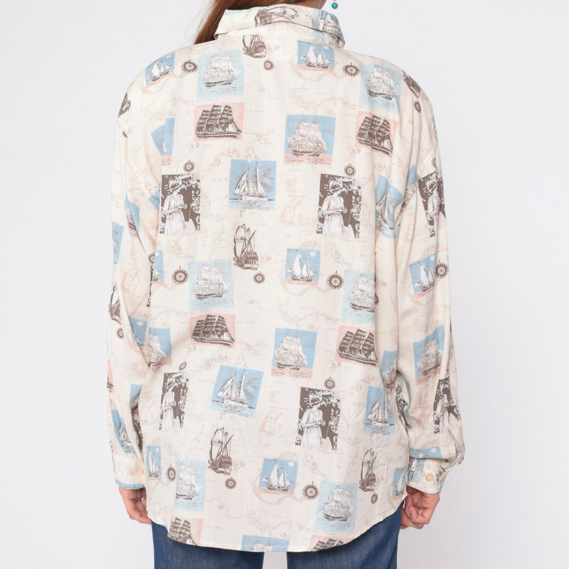 90s Bill Blass Nautical Print Button-Up Blouse Sailboat Compass Long Sleeve Large