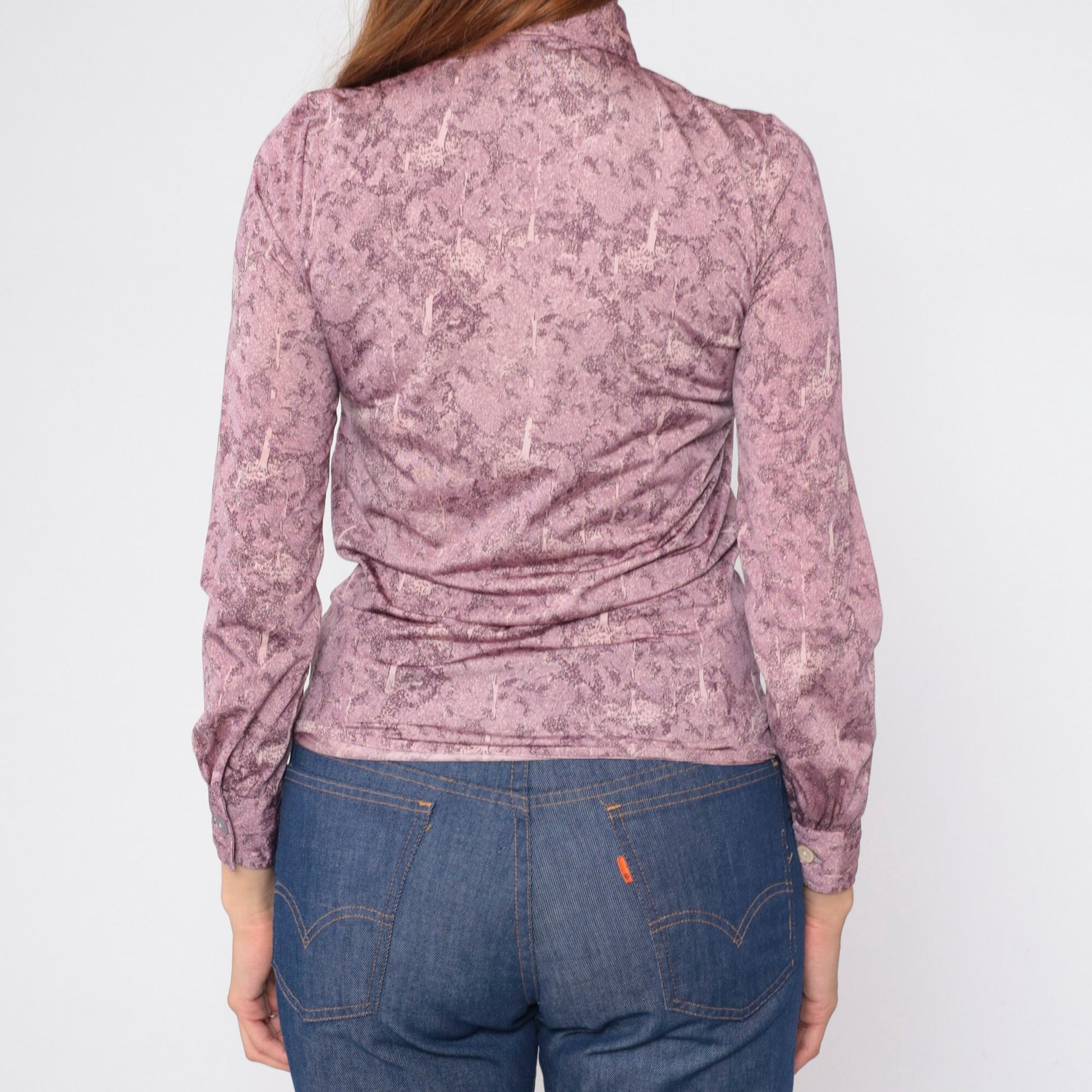 70s Oscar Valentino Tree Print Pink Button-Up Blouse Dagger Collar XS