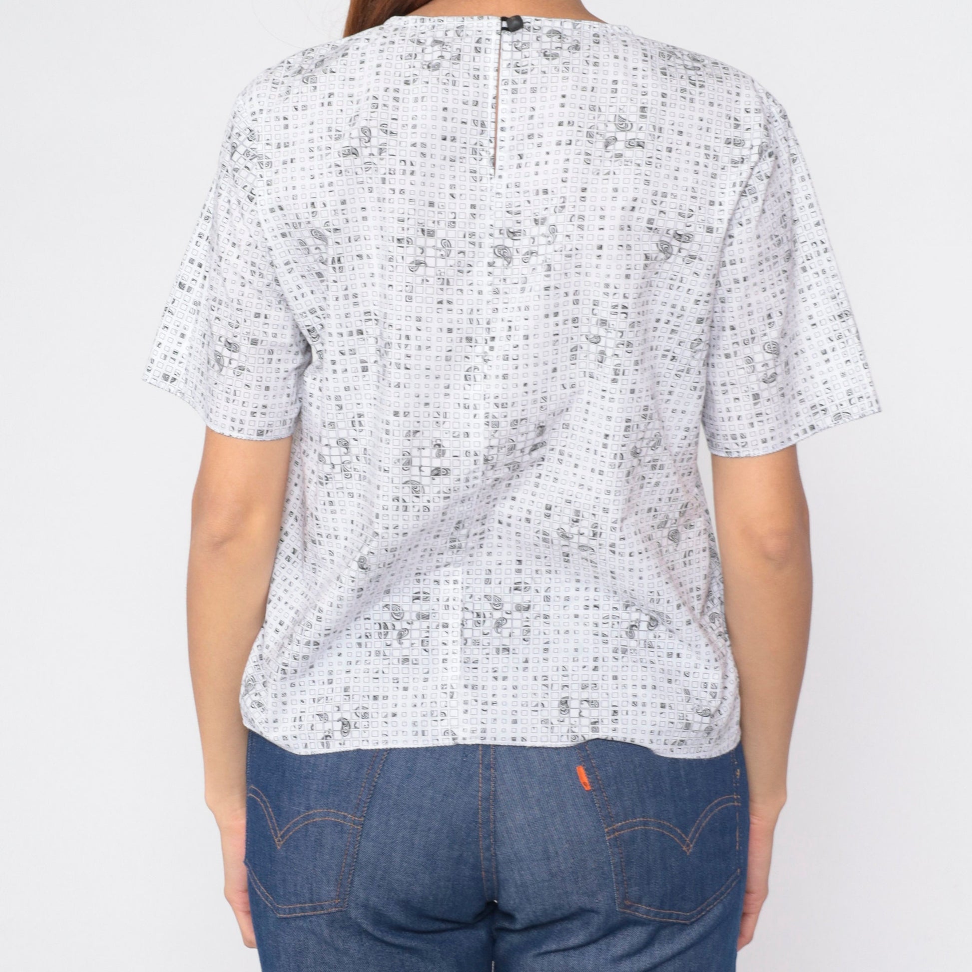 90s Checkered Paisley White T-Shirt Pocket Tee Short Sleeve Medium M