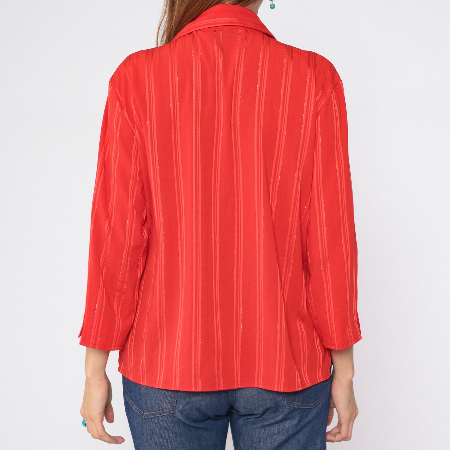 90s Red Metallic Striped Button-Up Blouse Collared V-Neck Large L