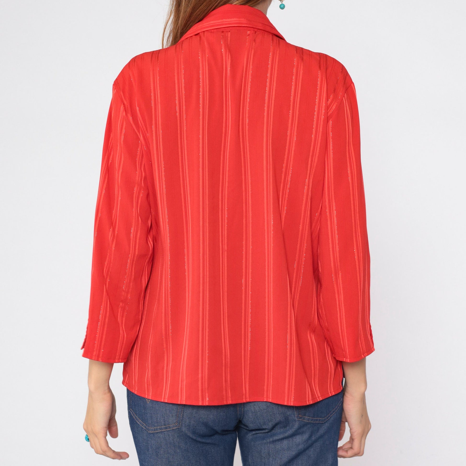 90s Red Metallic Striped Button-Up Blouse Collared V-Neck Large L