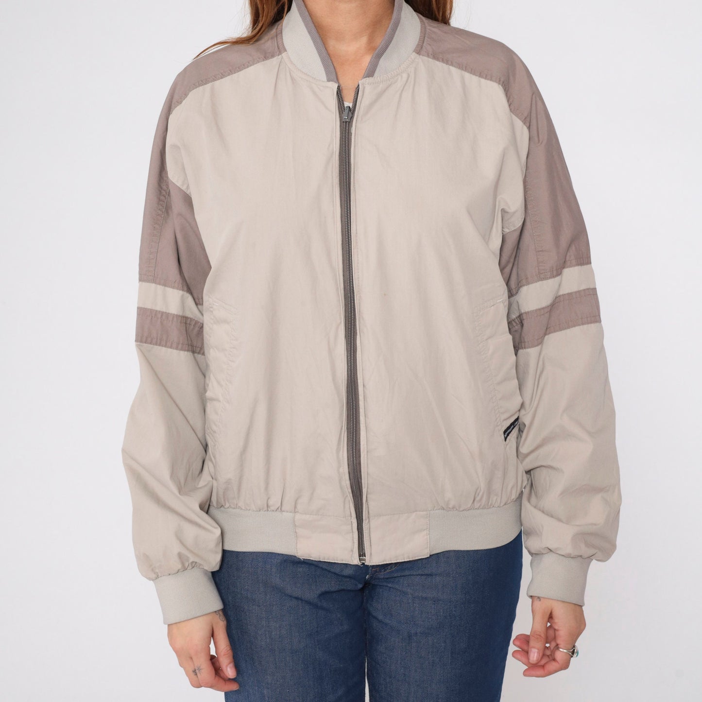 80s Members Only Reversible Windbreaker Jacket Taupe Grey Striped Medium