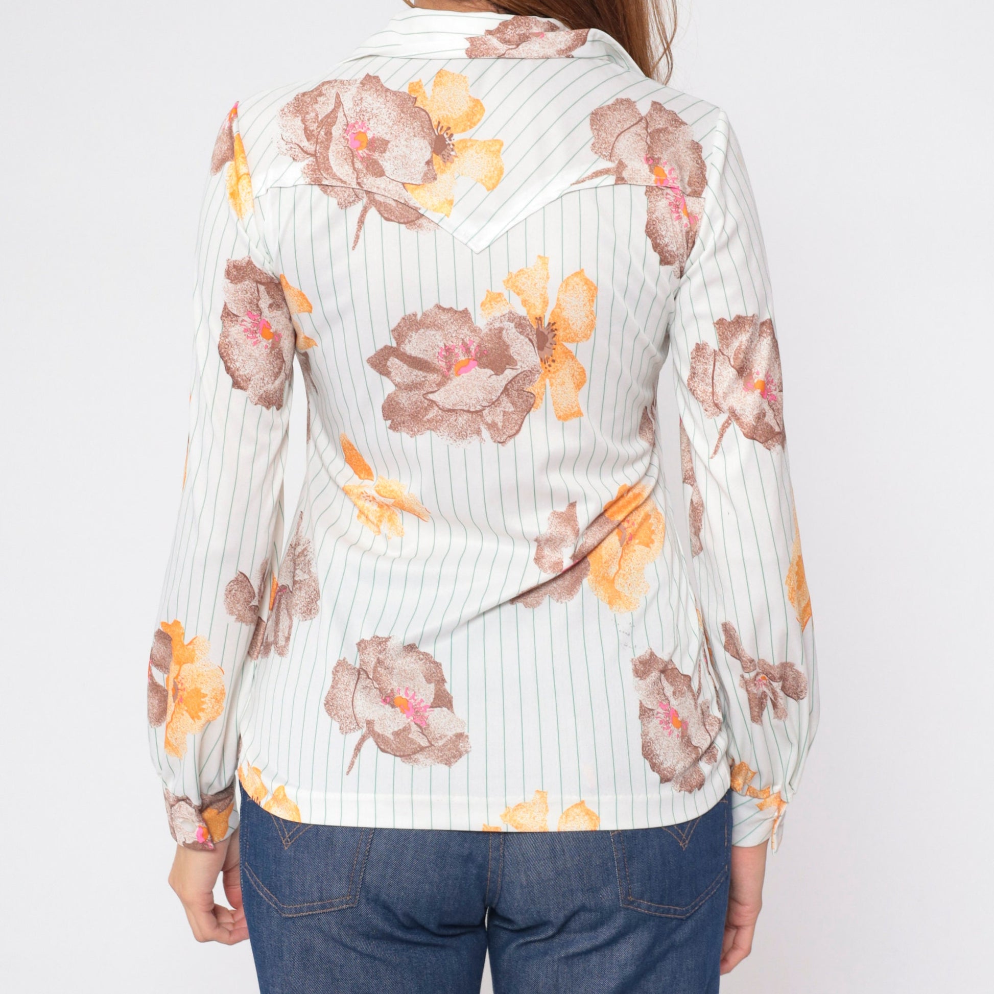 70s Striped Floral White Button-Up Blouse Pointed Collar Long Sleeve Small