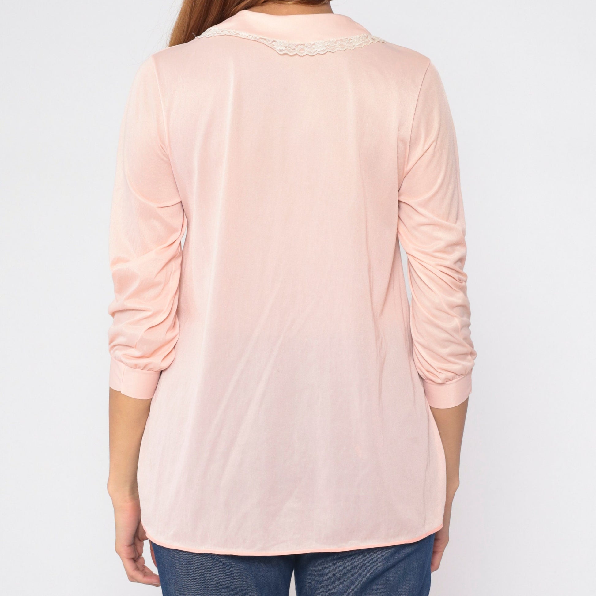 70s Baby Pink Ruffle Blouse Lace Jabot Collar 3/4 Sleeve Longline Small S