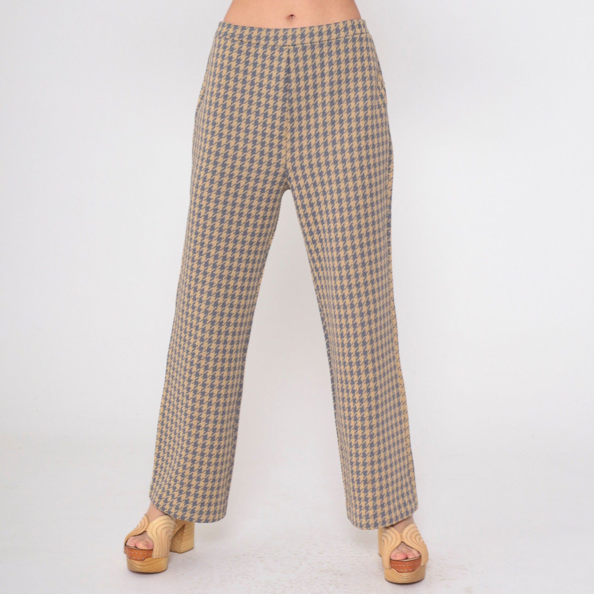 70s Houndstooth Flared Trousers High Waist Grey Tan Checkered Small Medium