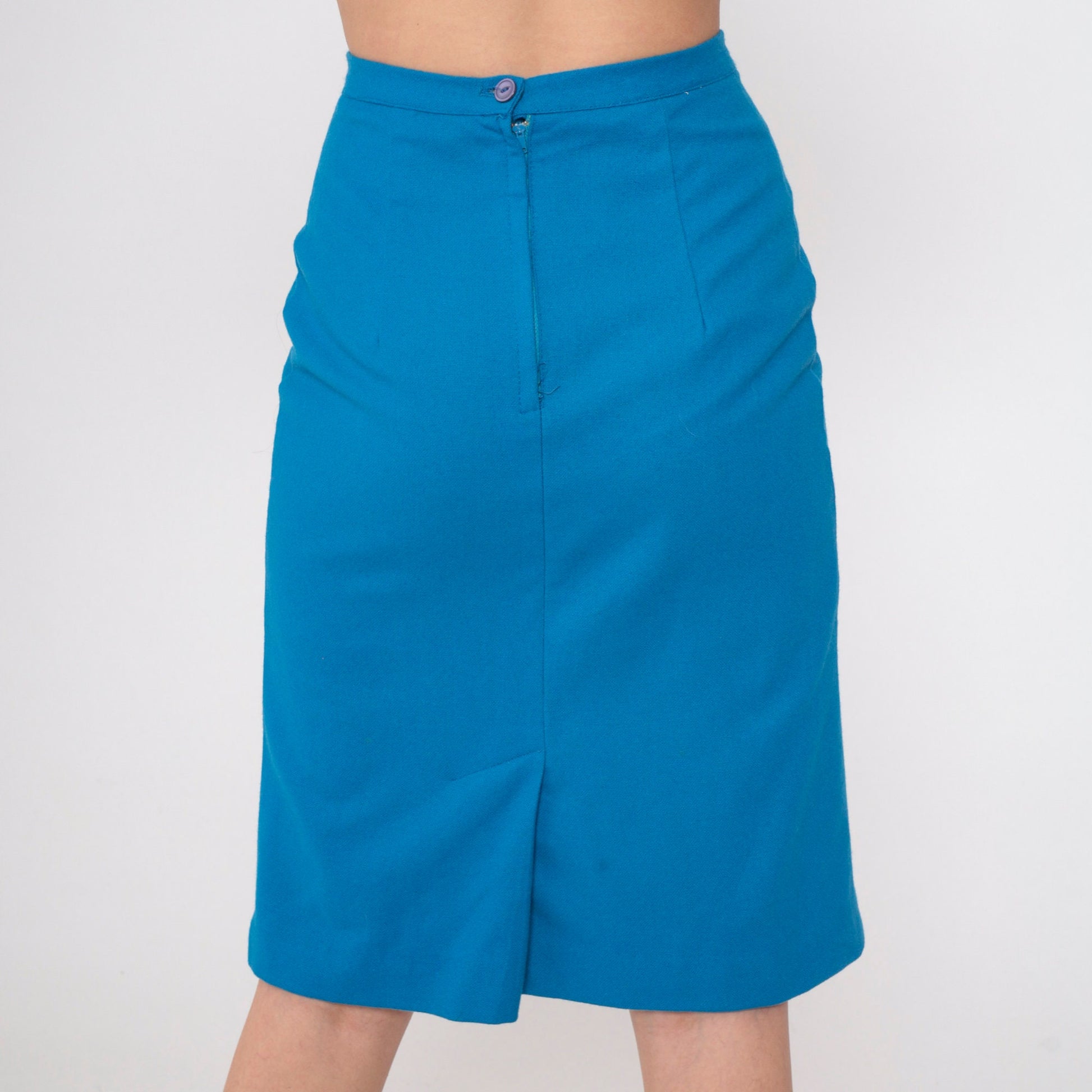 60s Blue Wool Blend Pencil Skirt High Waist Knee Length Extra Small