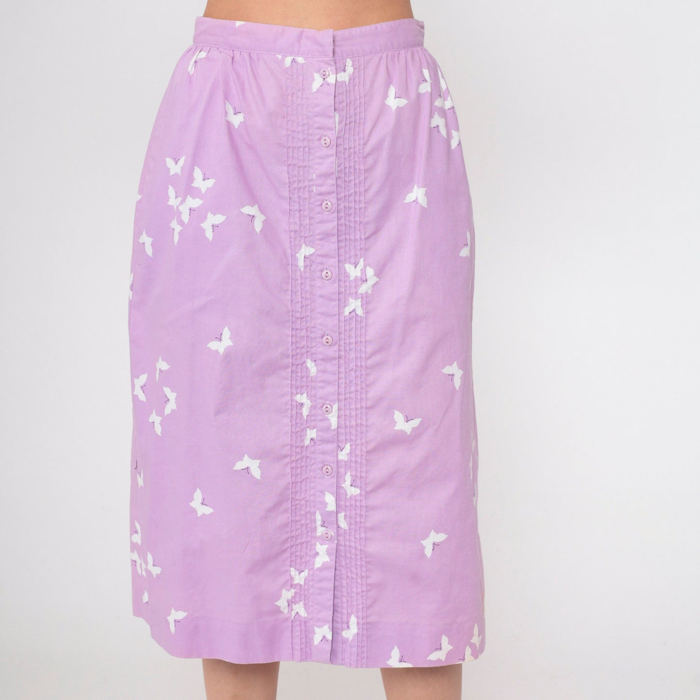 70s Lavender Butterfly Button Skirt High Waist Pintucked Midi Small