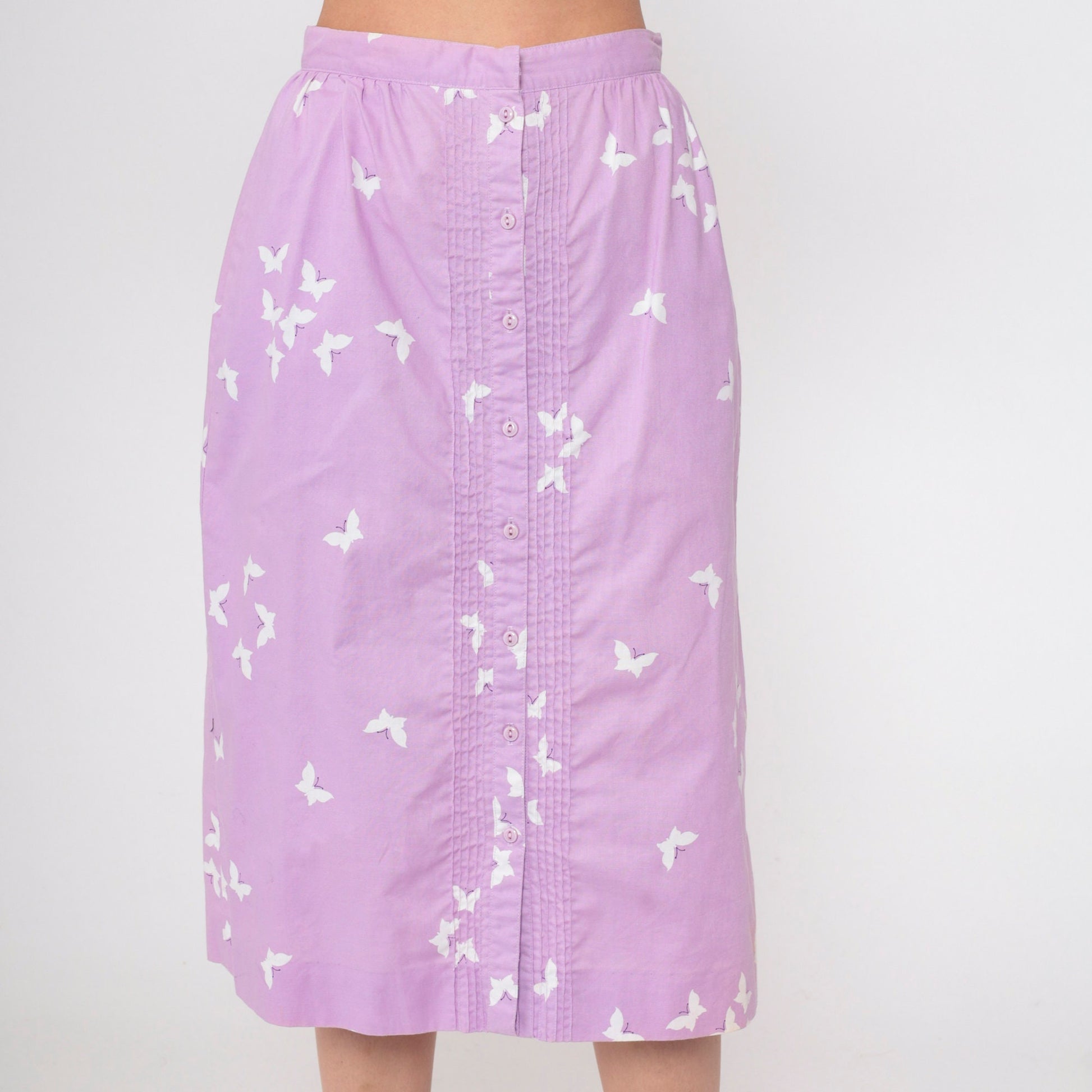 70s Lavender Butterfly Button Skirt High Waist Pintucked Midi Small