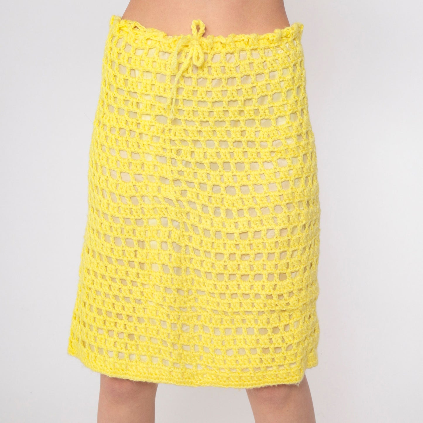 70s Yellow Crochet Midi Skirt High Waisted Open Weave Drawstring Small