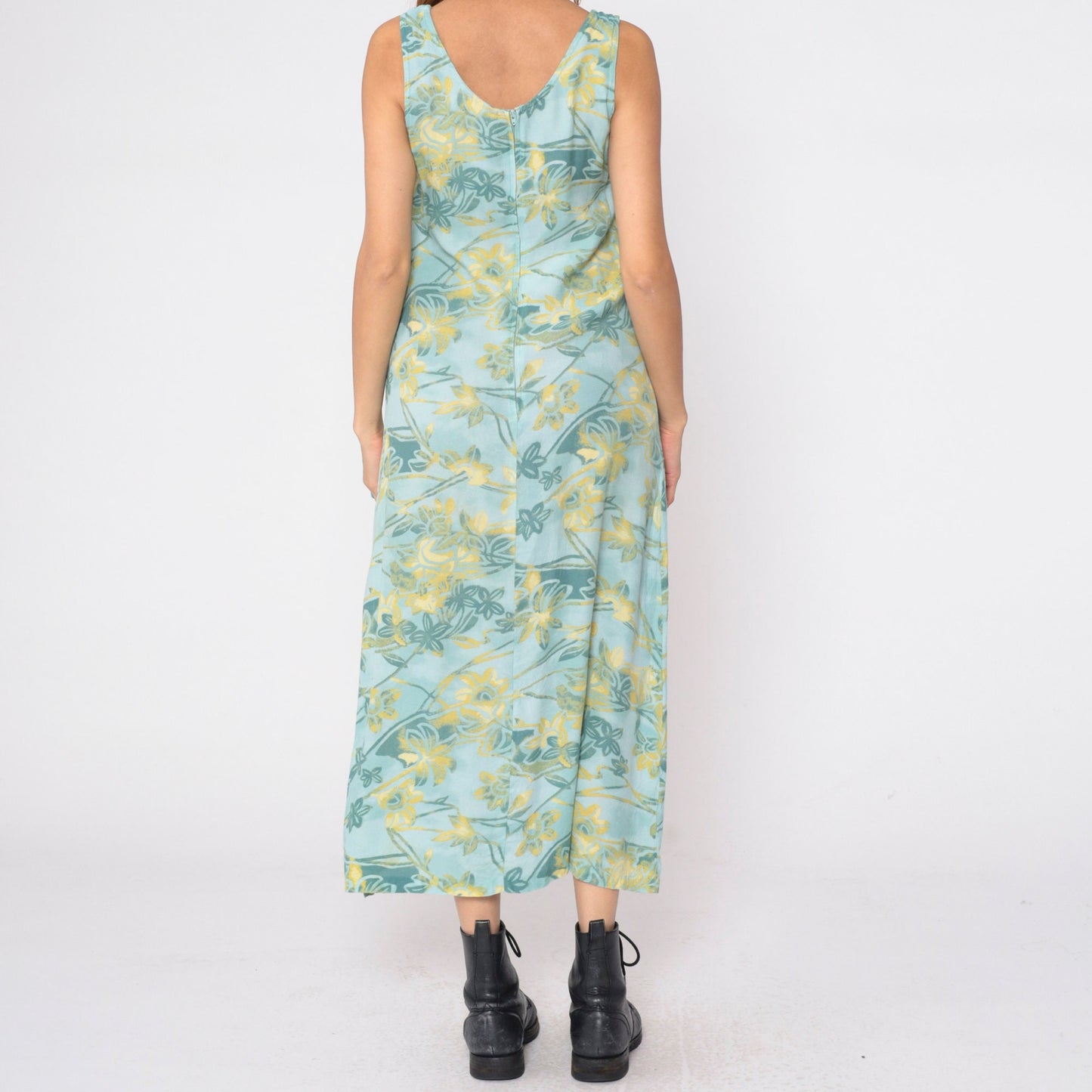 90s Seafoam Floral Rayon Maxi Dress Sleeveless Side Slit Small