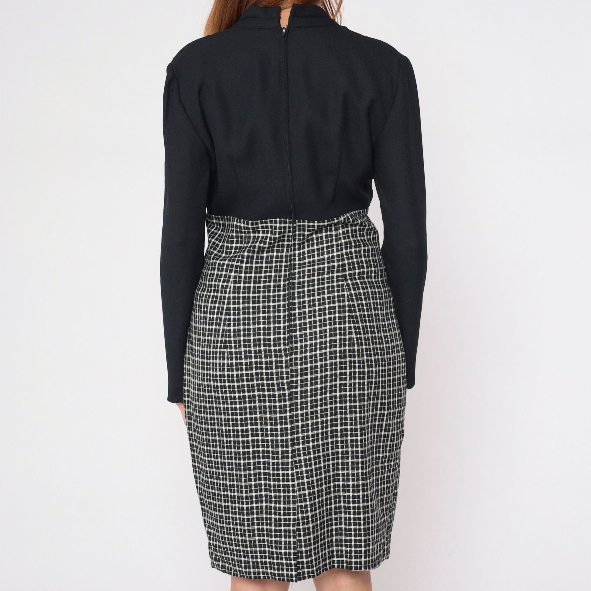 90s Black White Checkered Sheath Dress Surplice Neckline Long Sleeve Medium