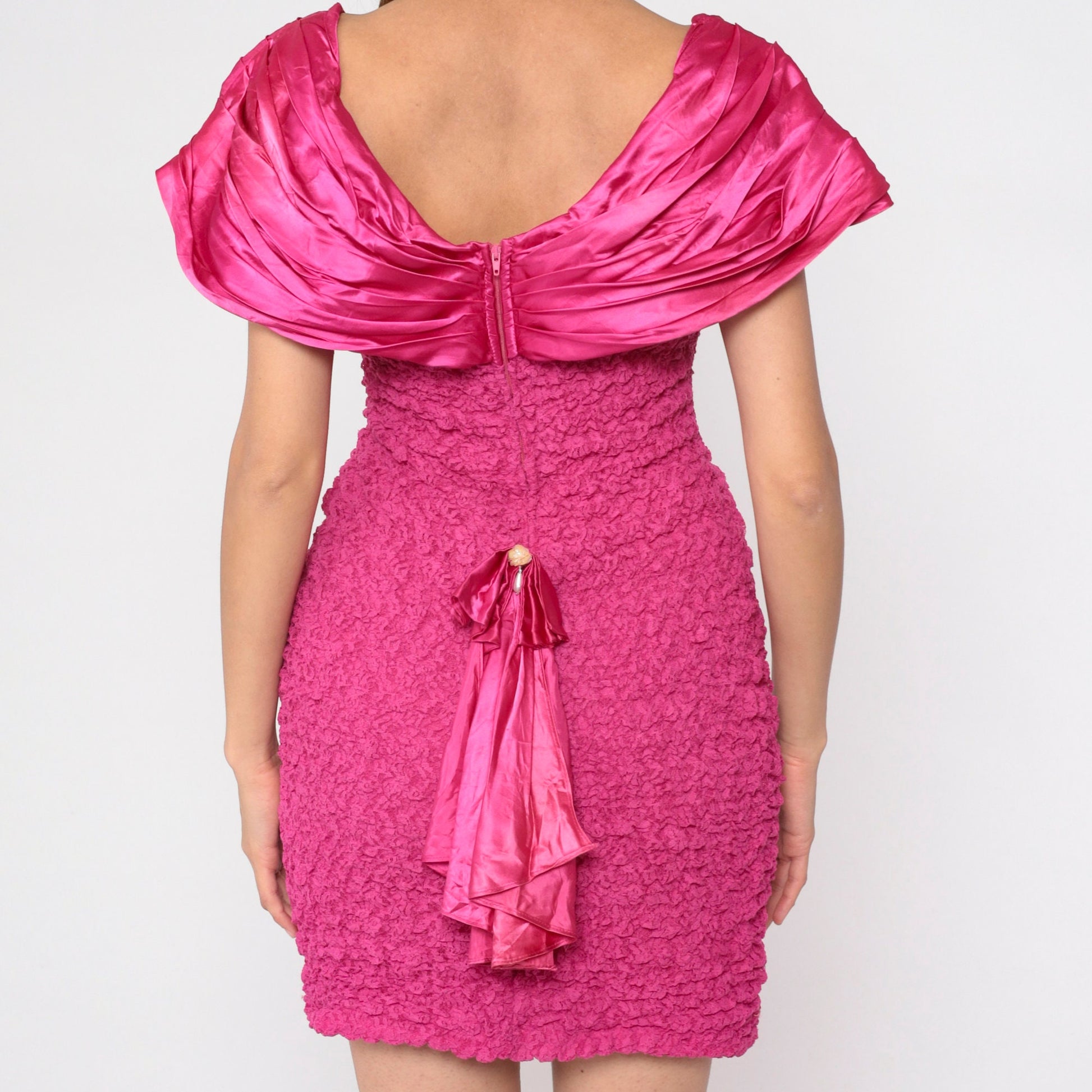 90s Hot Pink Lace Bodycon Mini Dress Bardot Sequin Beaded Trim Small
