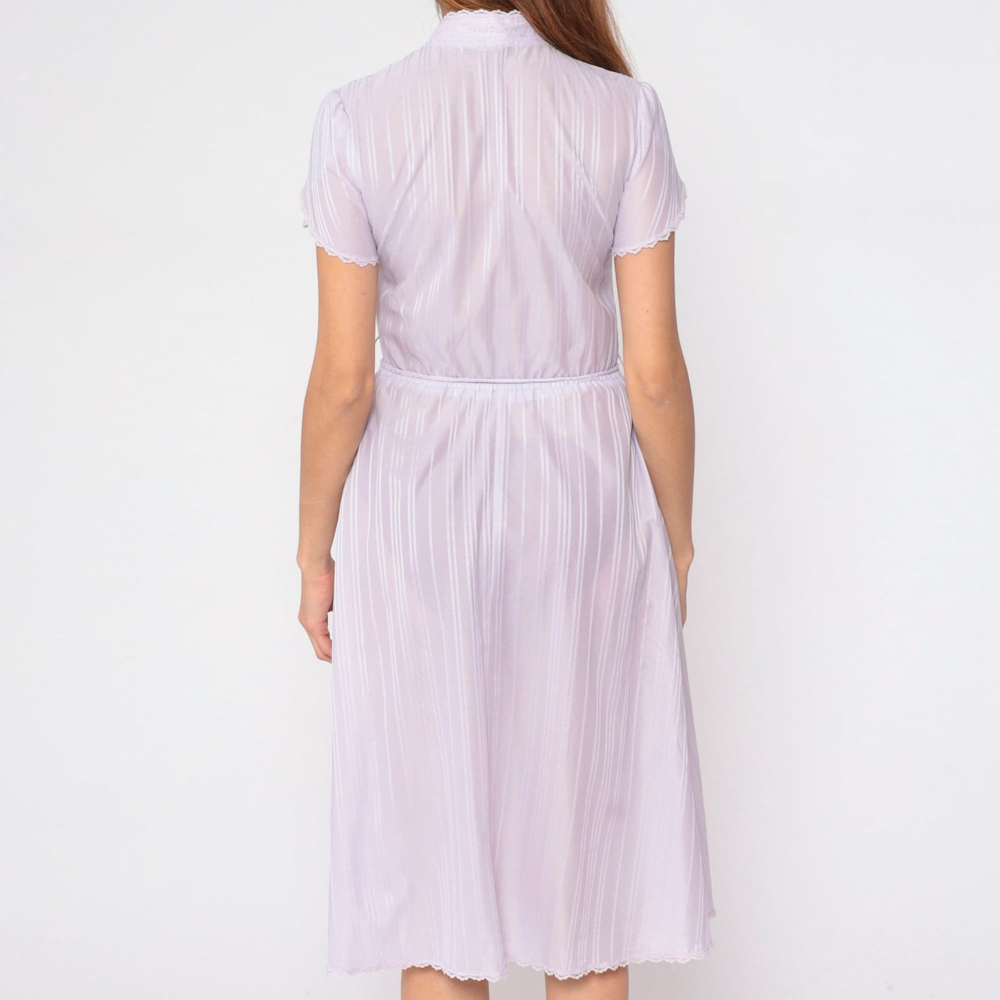 70s Lavender Striped Prairie Dress Lace Yoke Button-Up Tulip Sleeve Small
