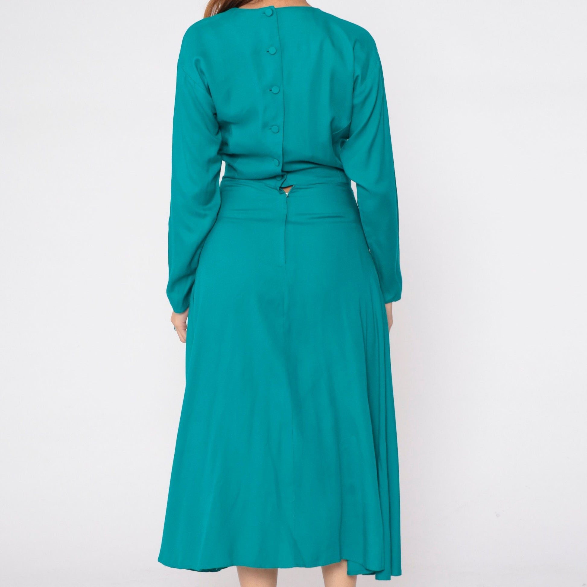 90s Teal Green Rayon Dress Button Back Batwing Sleeve Ankle Length Small