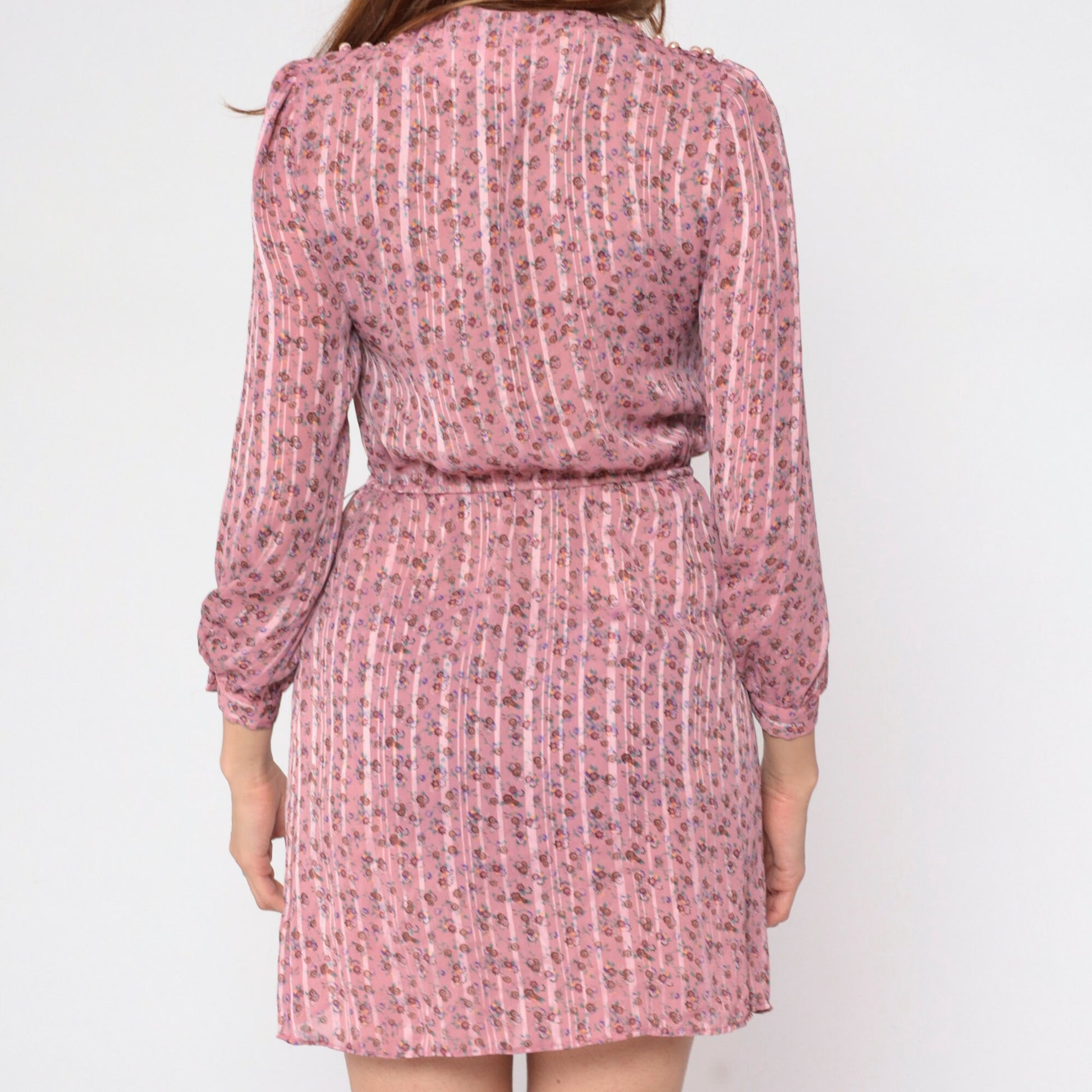 70s Pink Floral Striped Mini Dress Puff Sleeve Pearl Buttons High Waist Small