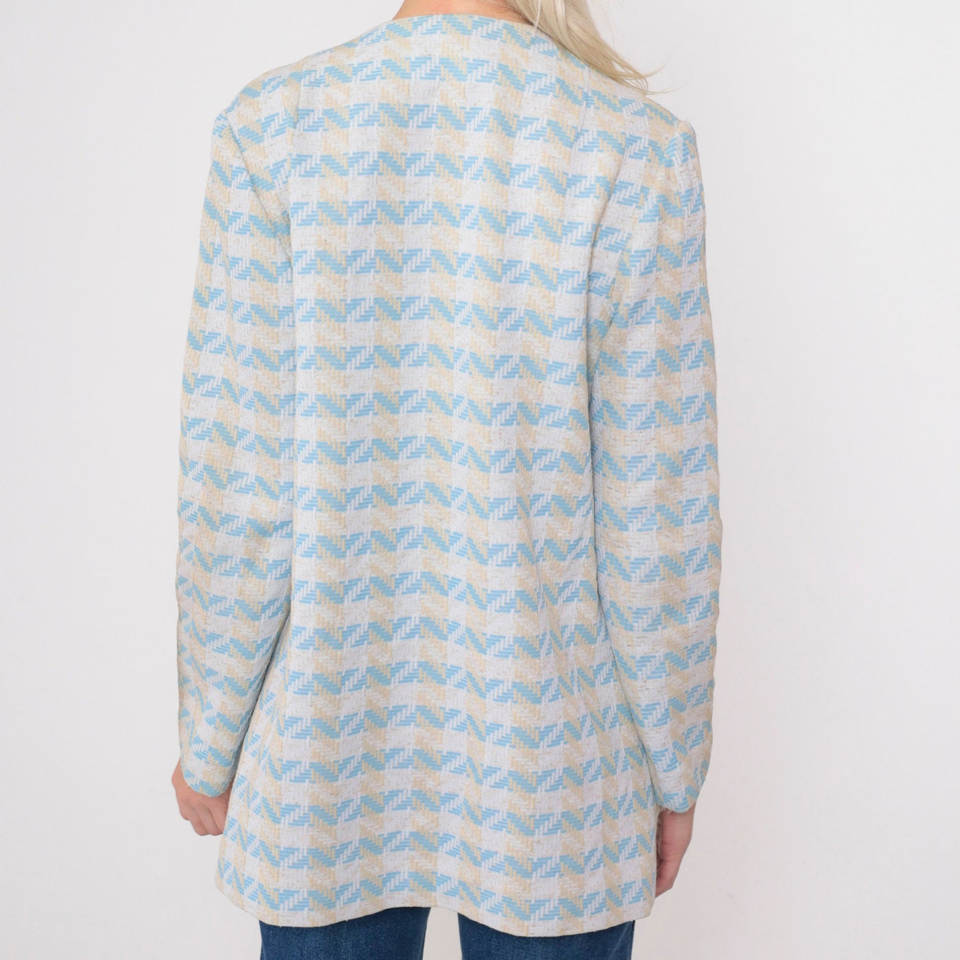 70s Nardis of Dallas Baby Blue Checkered Chevron Open Front Jacket Small Medium