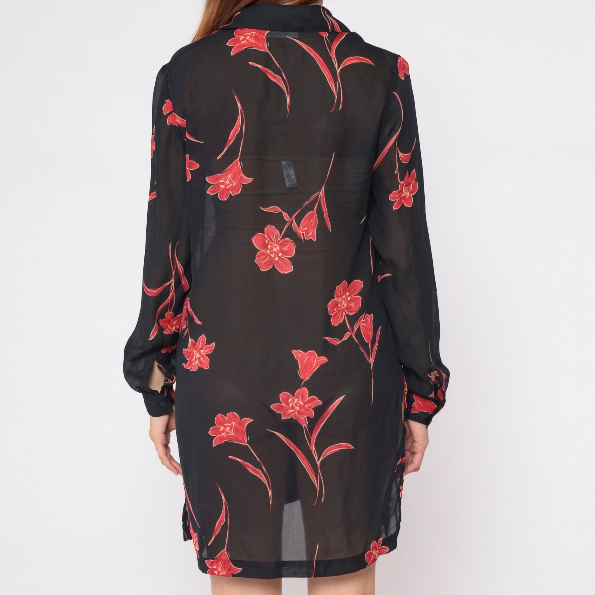 90s Black Floral Button-Up Shirt Red Print Long Sleeve Side Slit Small