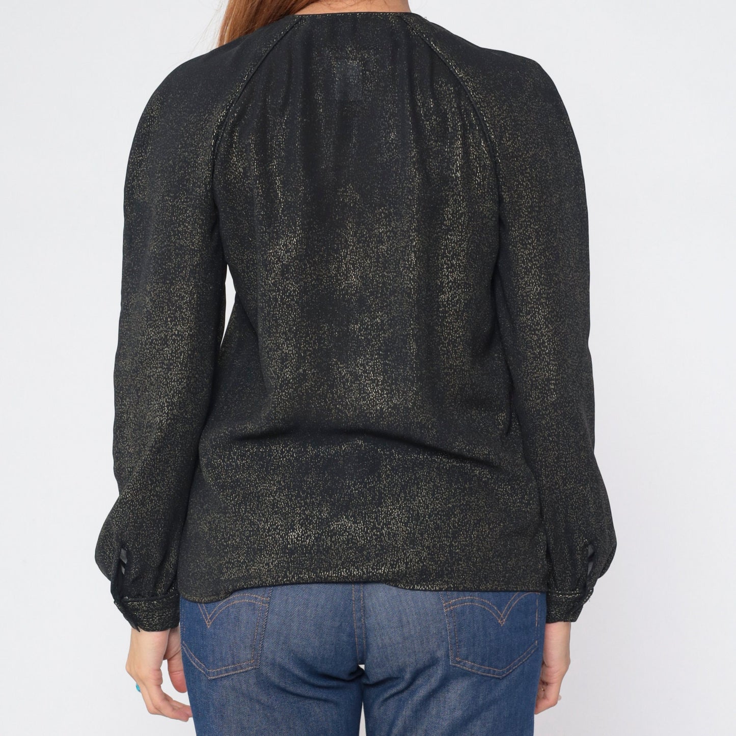 90s Metallic Black Gold Blouse Hidden Button Puff Sleeve Fitted Small S