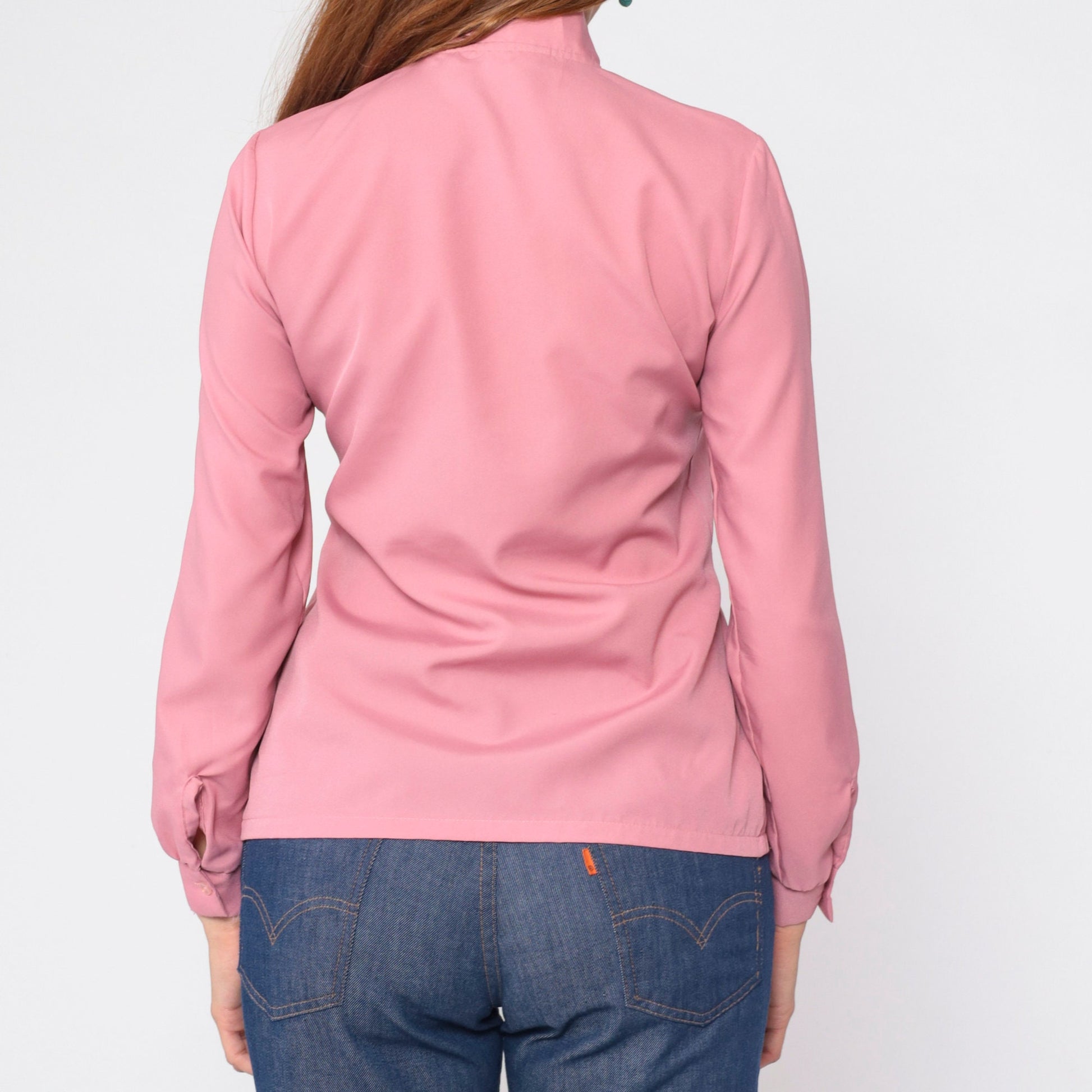 80s Judy Bond Pink Necktie Blouse Long Sleeve Button Up Medium M