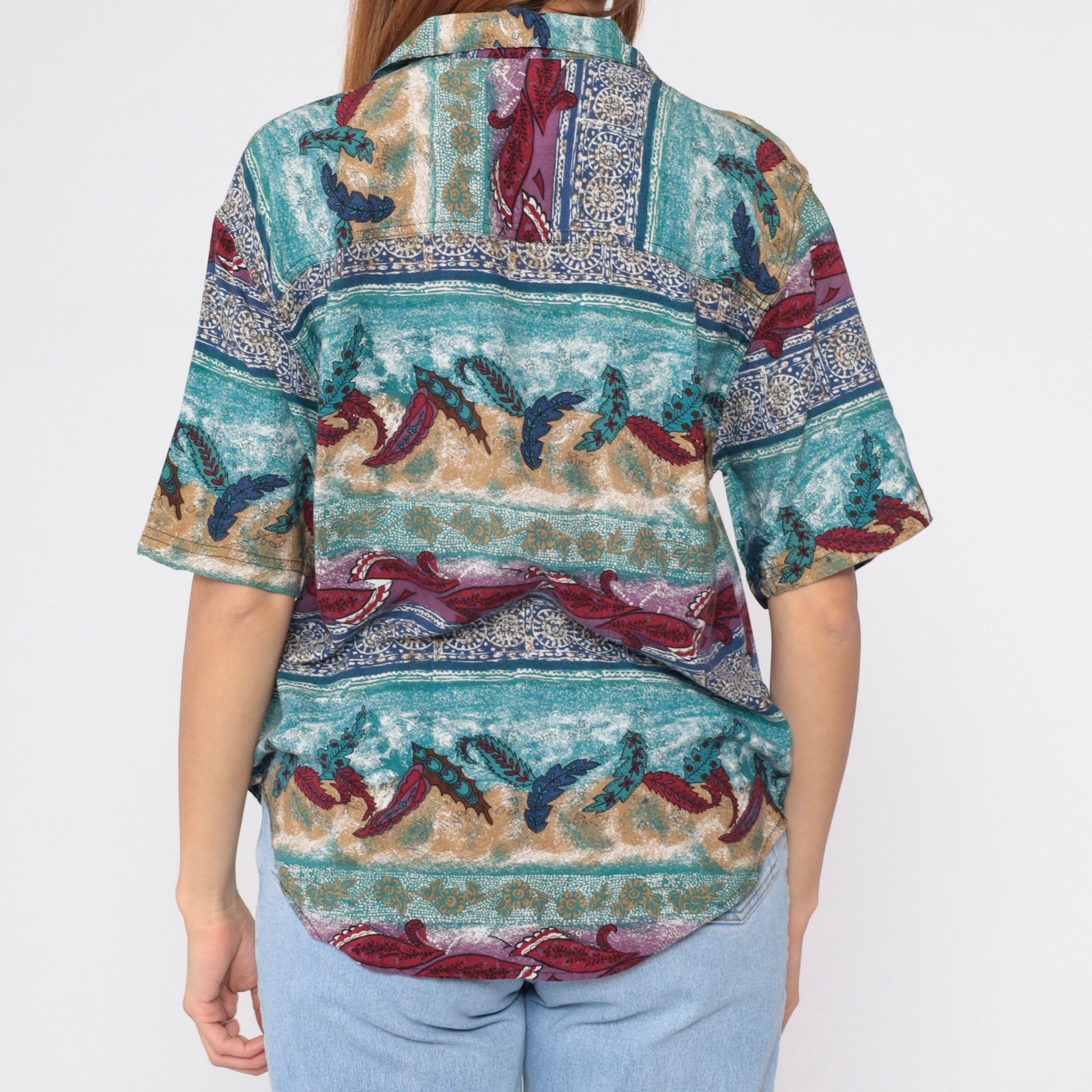 90s Indian Mandala Leaf Button-Up Blouse Short Sleeve Floral Print Blue Red Medium M